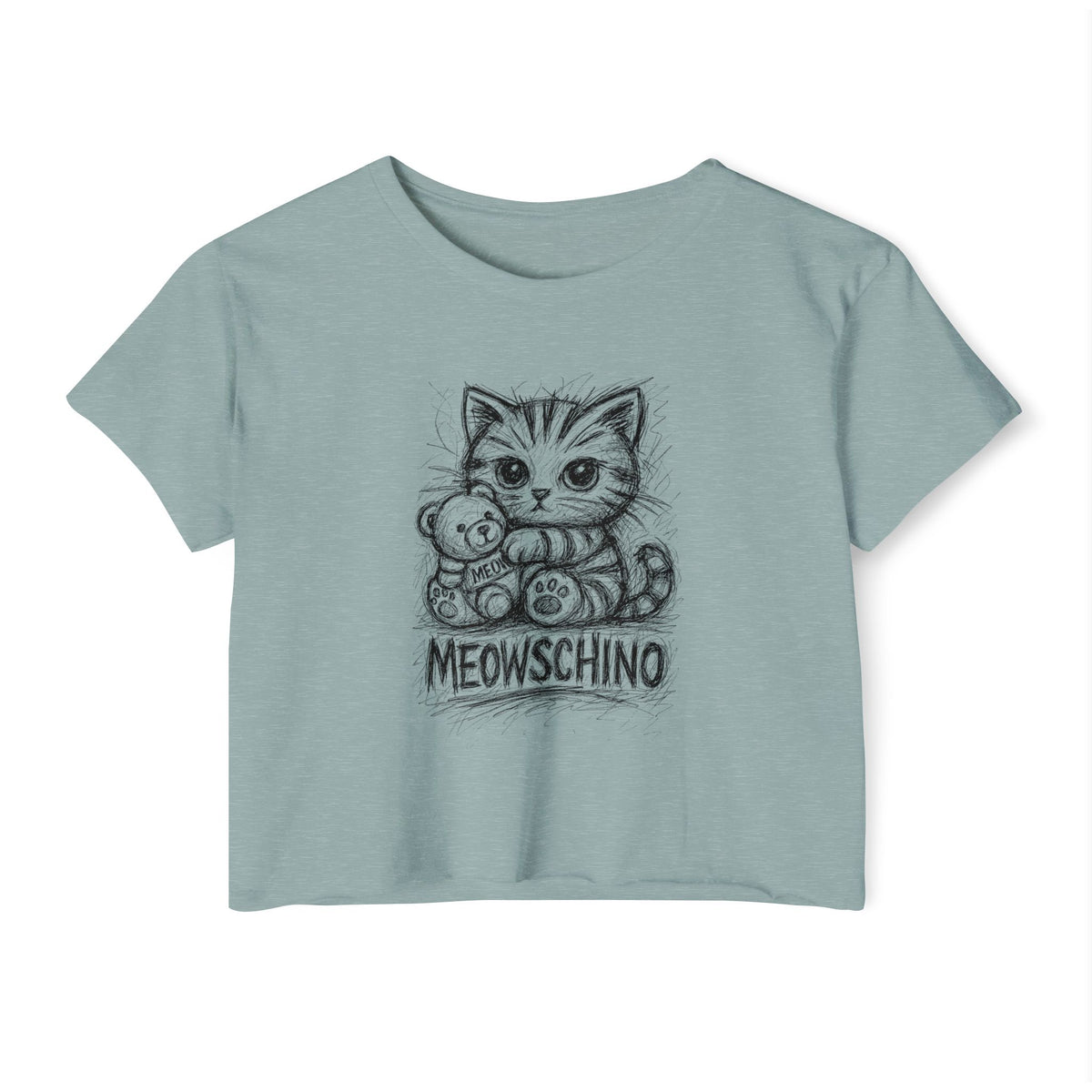 Meowschino Sketch Teddy Cat Women's Festival Crop Top in stonewash green, front view