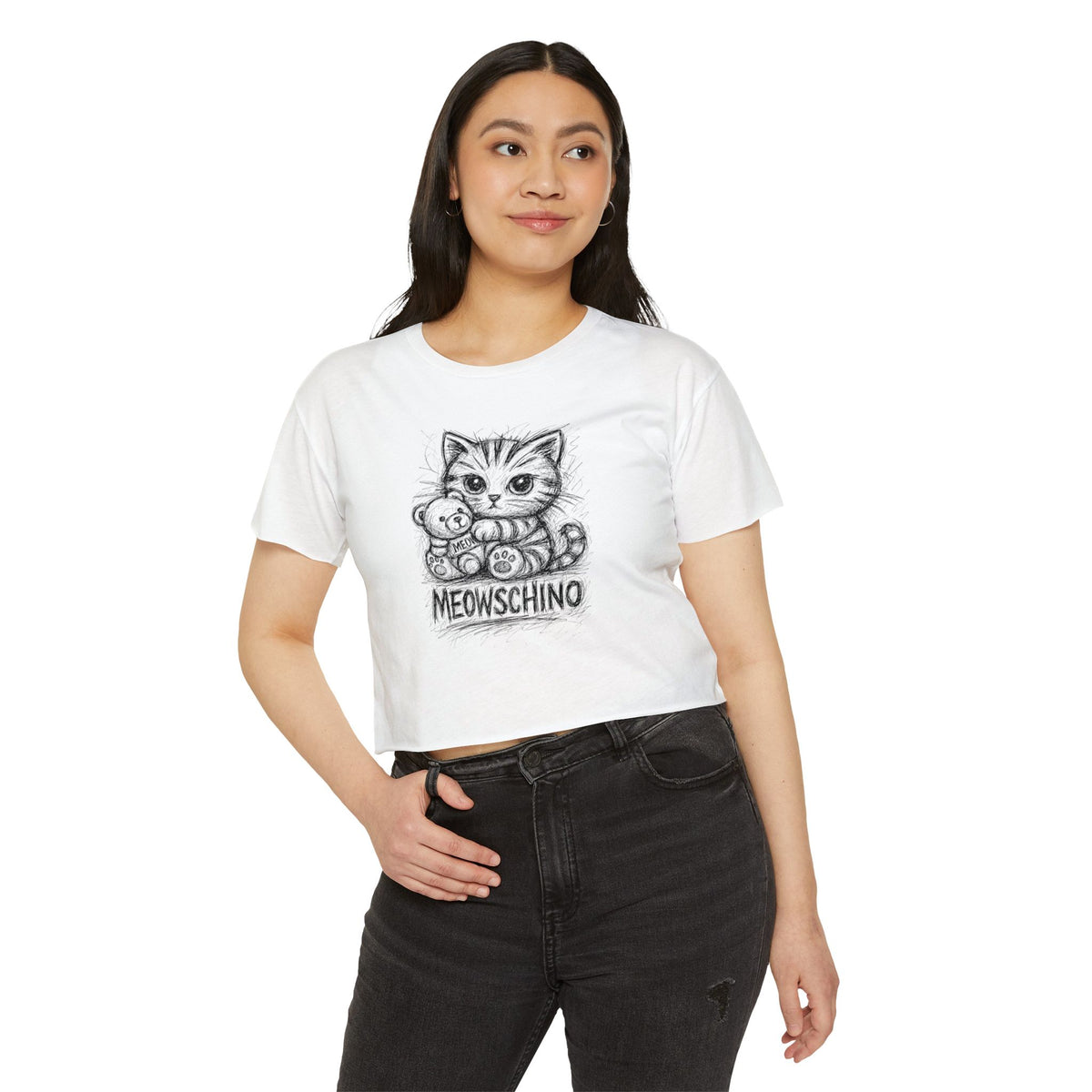 Meowschino Sketch Teddy Cat Women's Festival Crop Top in white, worn by a female model