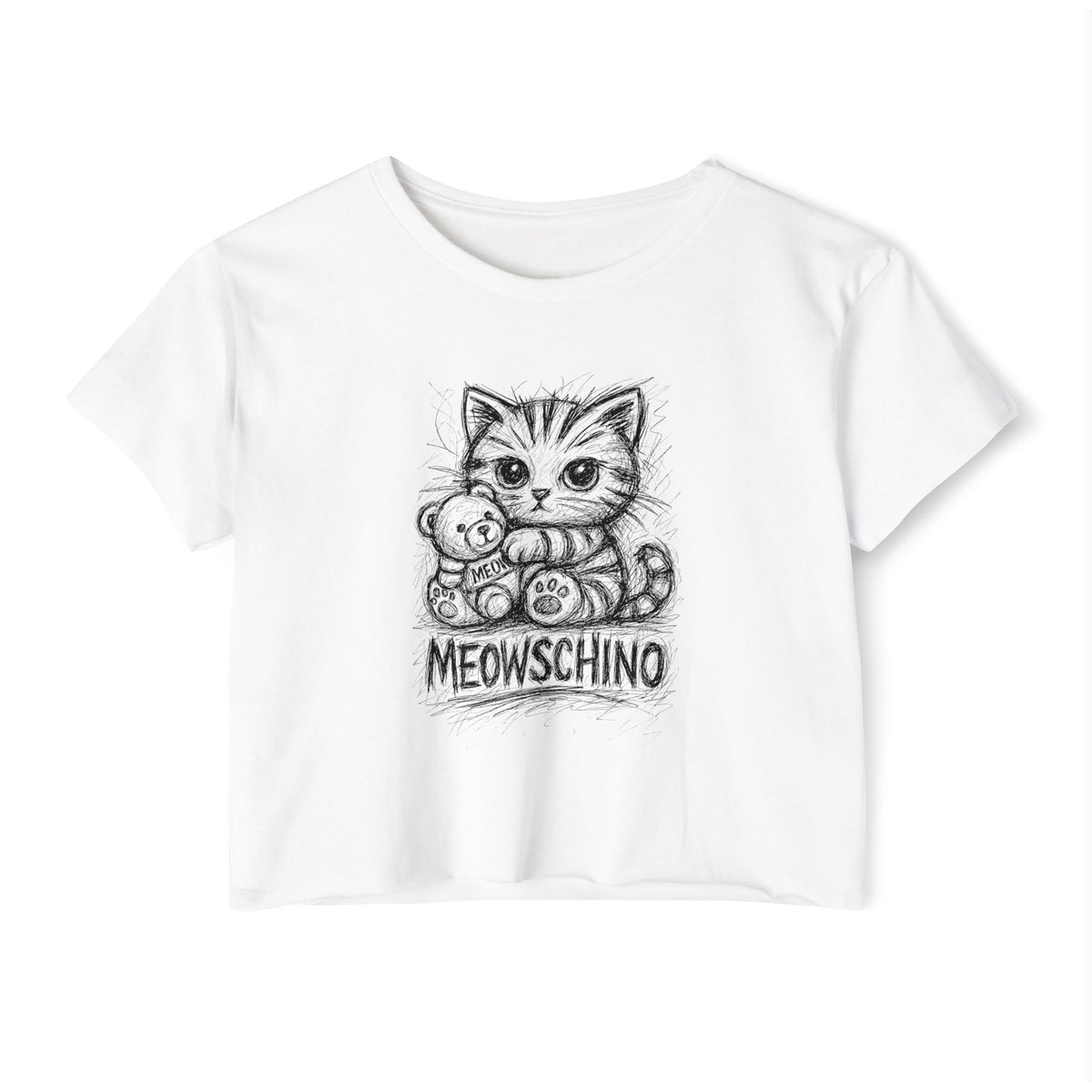 Meowschino Sketch Teddy Cat Women's Festival Crop Top in white, front view