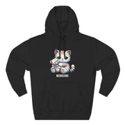 Meowschino Teddy Hug Cat Graphic Hoodie in black, front view