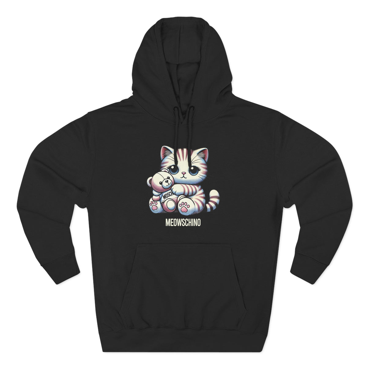 Meowschino Teddy Hug Cat Graphic Hoodie in black, front view