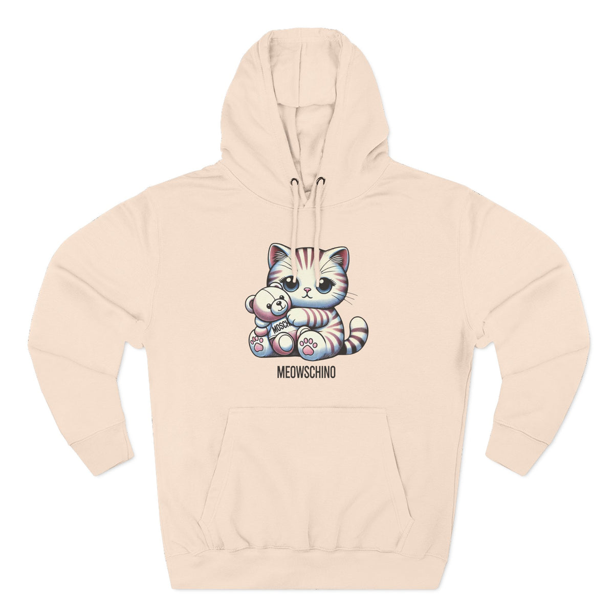 Meowschino Teddy Hug Cat Graphic Hoodie in pale pink, front view
