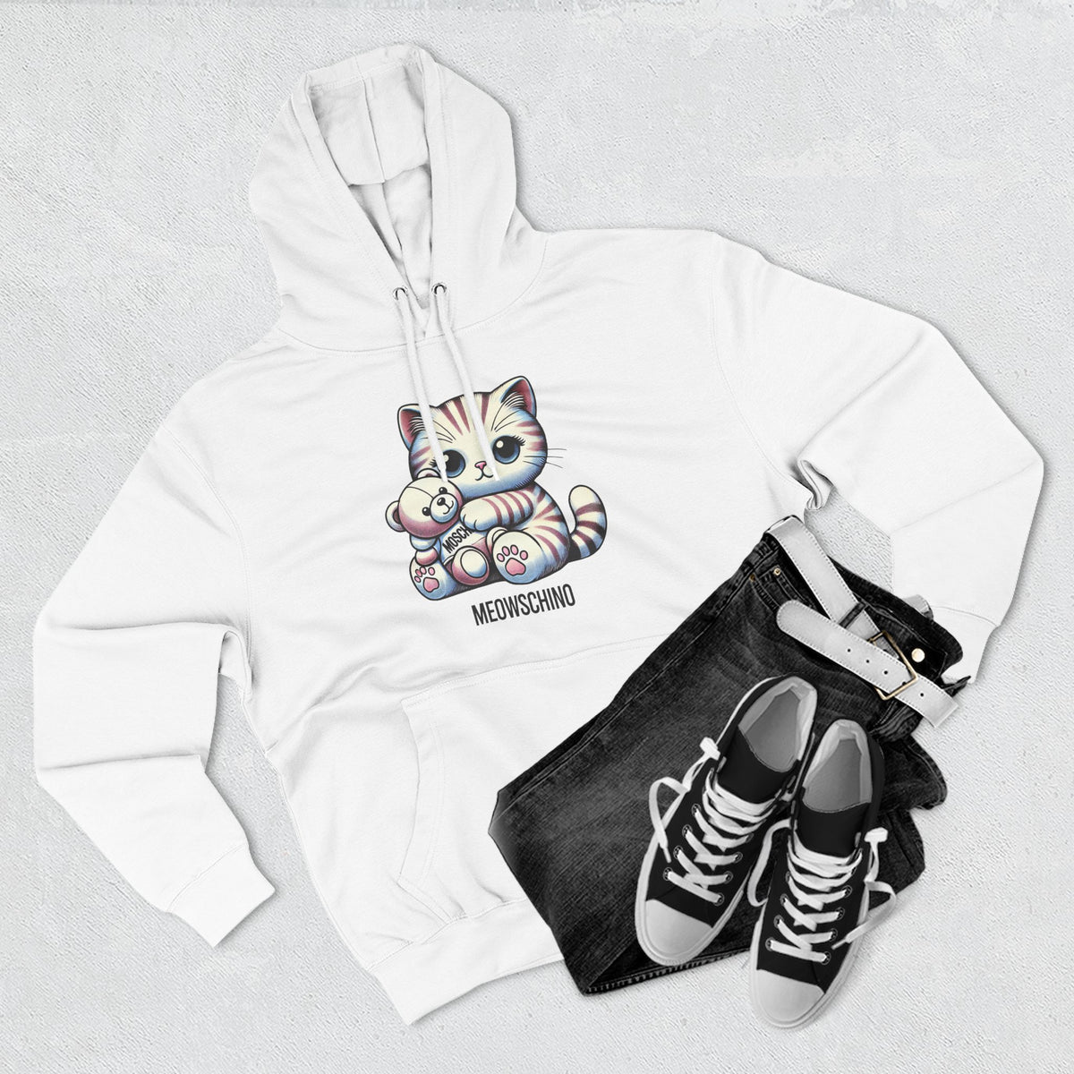Meowschino Teddy Hug Cat Graphic Hoodie in white, flat lay