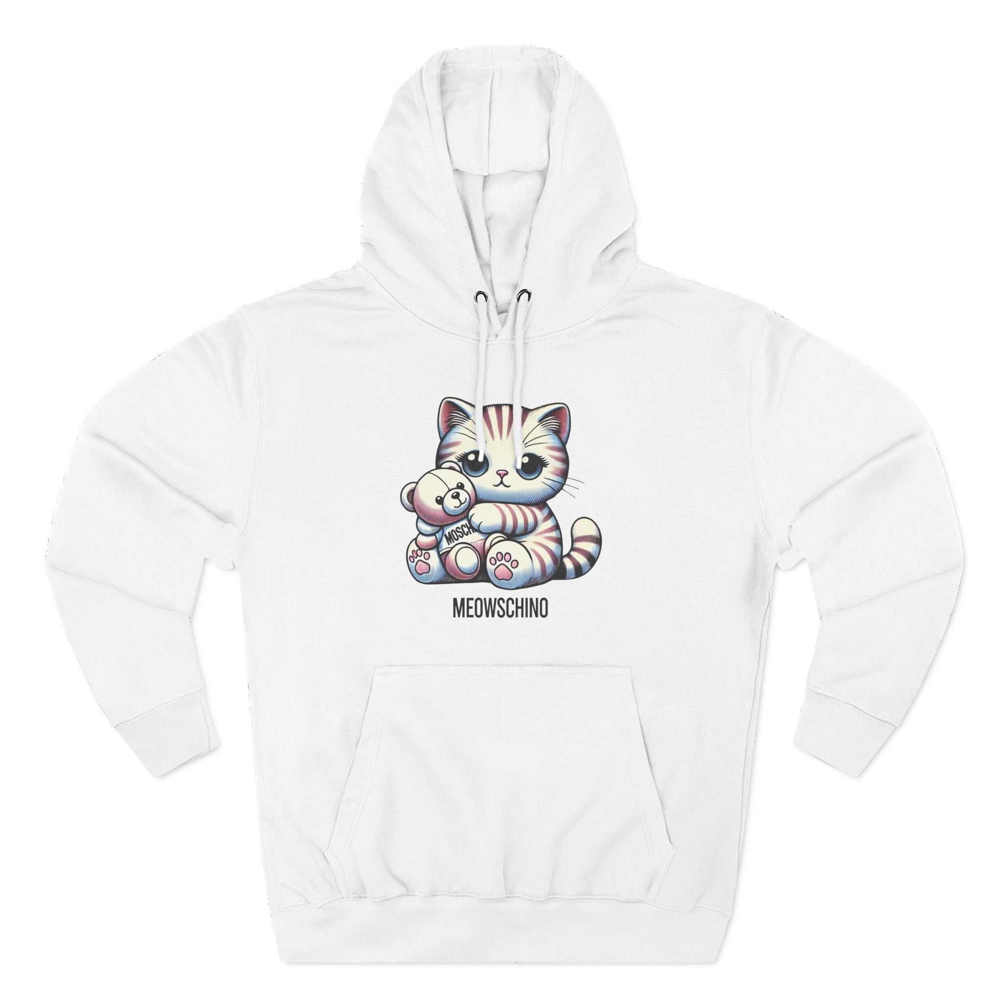 Meowschino Teddy Hug Cat Graphic Hoodie in white, front view