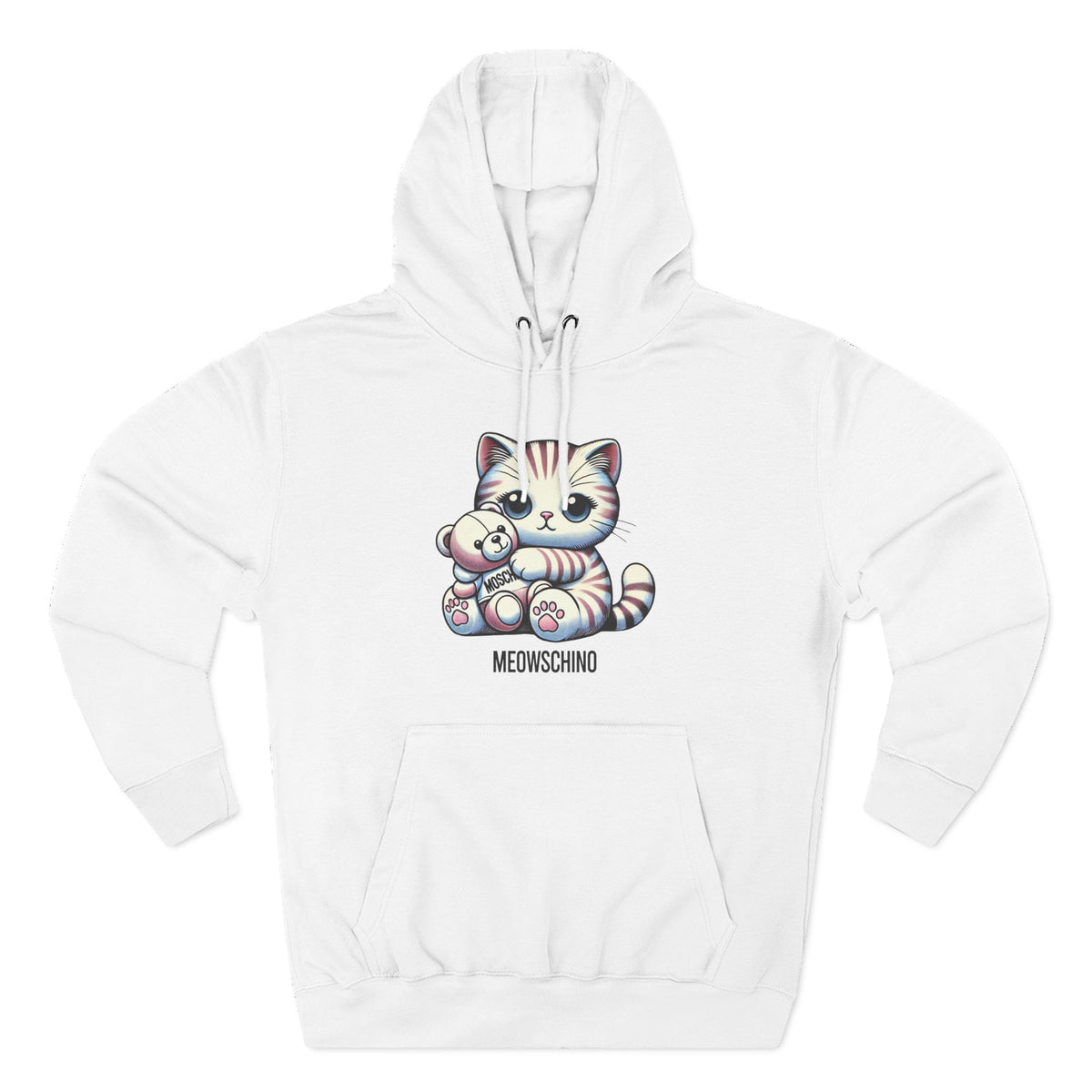 Meowschino Teddy Hug Cat Graphic Hoodie in white, front view