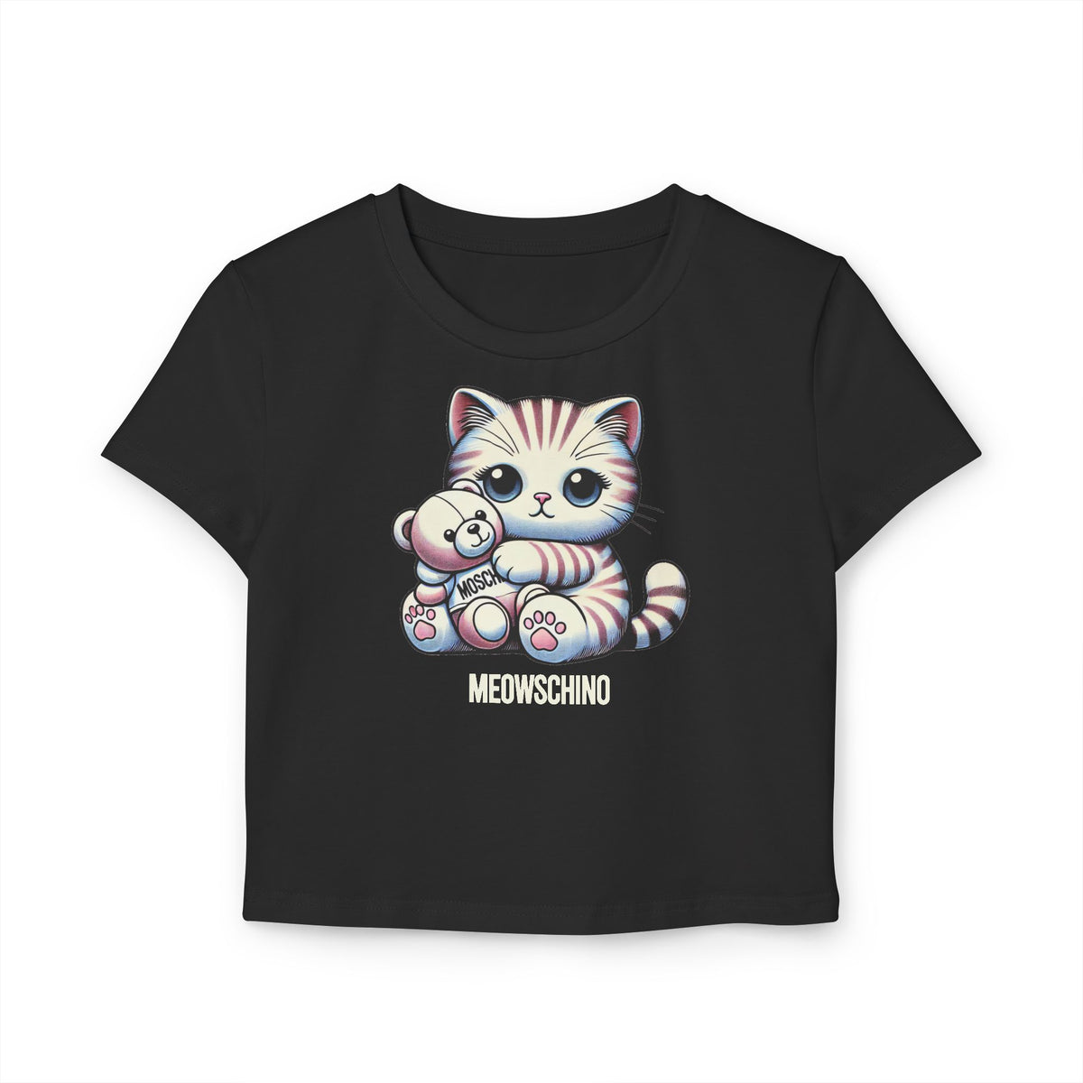 Meowschino Teddy Hug Cat Graphic Women's Baby Tee in black, front view