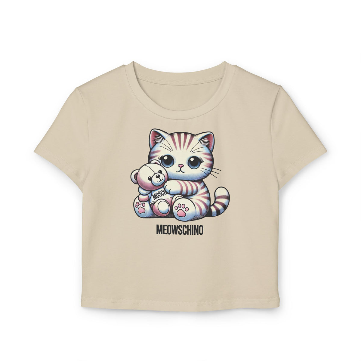 Meowschino Teddy Hug Cat Graphic Women's Baby Tee in sand, front view