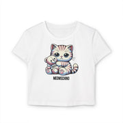 Meowschino Teddy Hug Cat Graphic Women's Baby Tee in white, front view