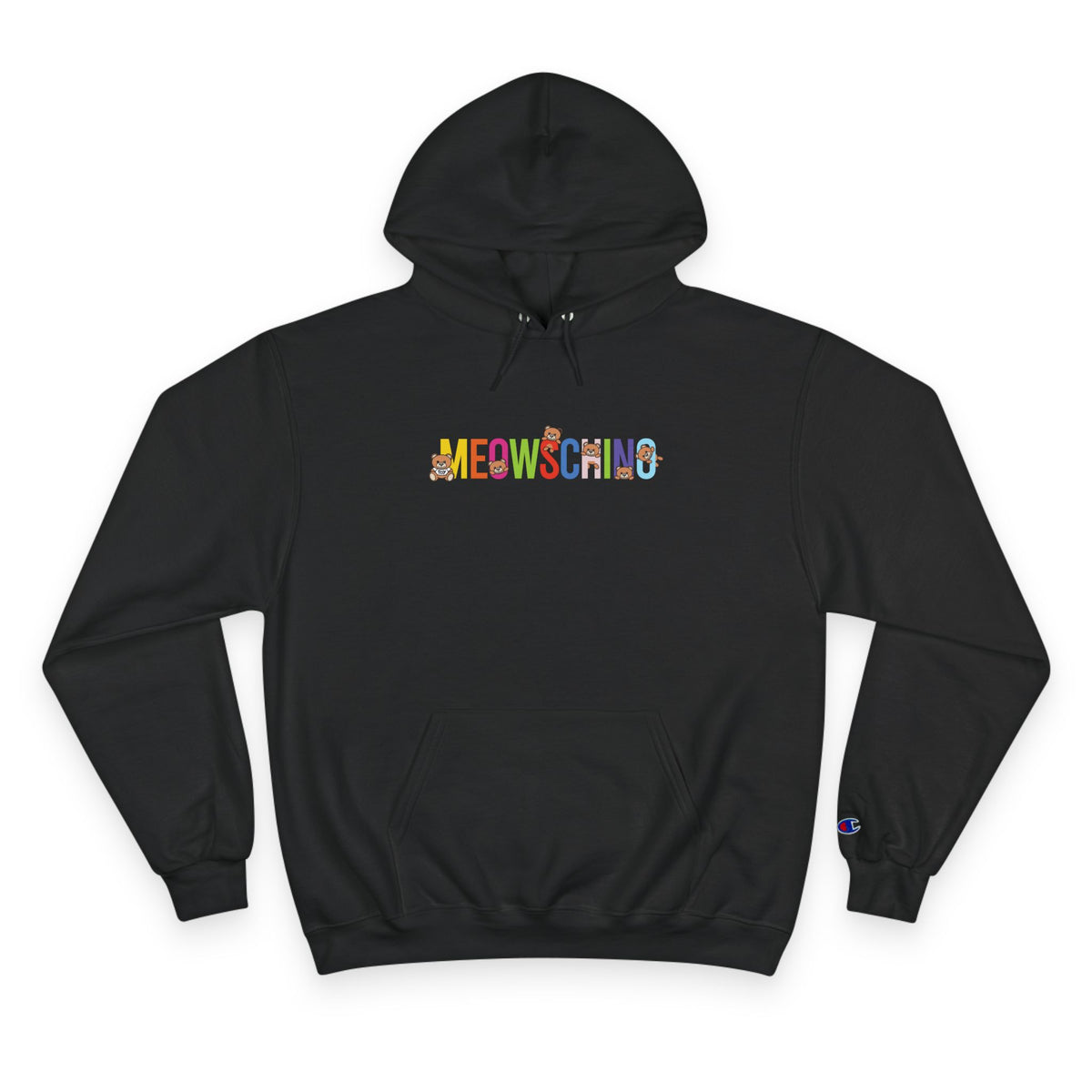 Meowschino x Champion Rainbow Logo Black Hoodie, front view