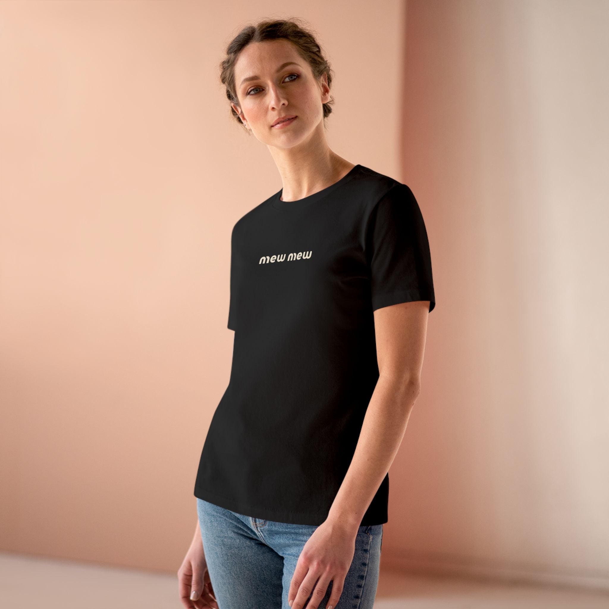 Mew Mew Chest Logo Back Cat Graphic Women's T-Shirt in black, worn by a female model