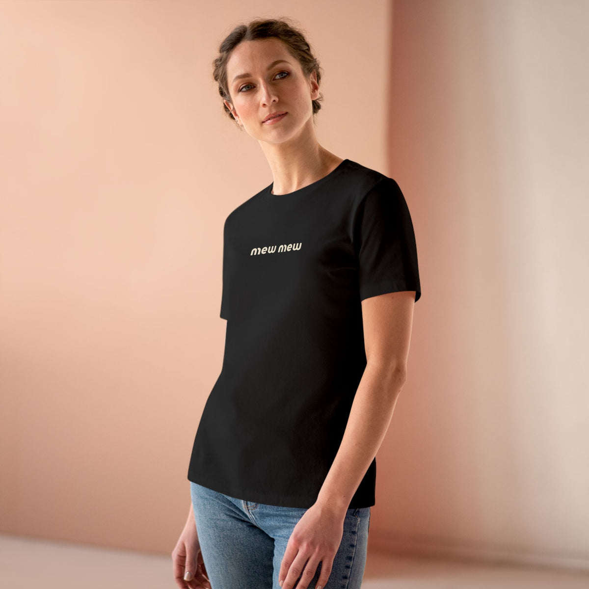 Mew Mew Chest Logo Back Cat Graphic Women's T-Shirt in black, worn by a female model