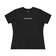 Mew Mew Chest Logo Back Cat Graphic Women's T-Shirt in black, front view