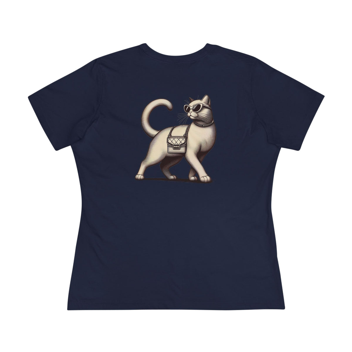 Mew Mew Chest Logo Back Cat Graphic Women's T-Shirt in navy, back view