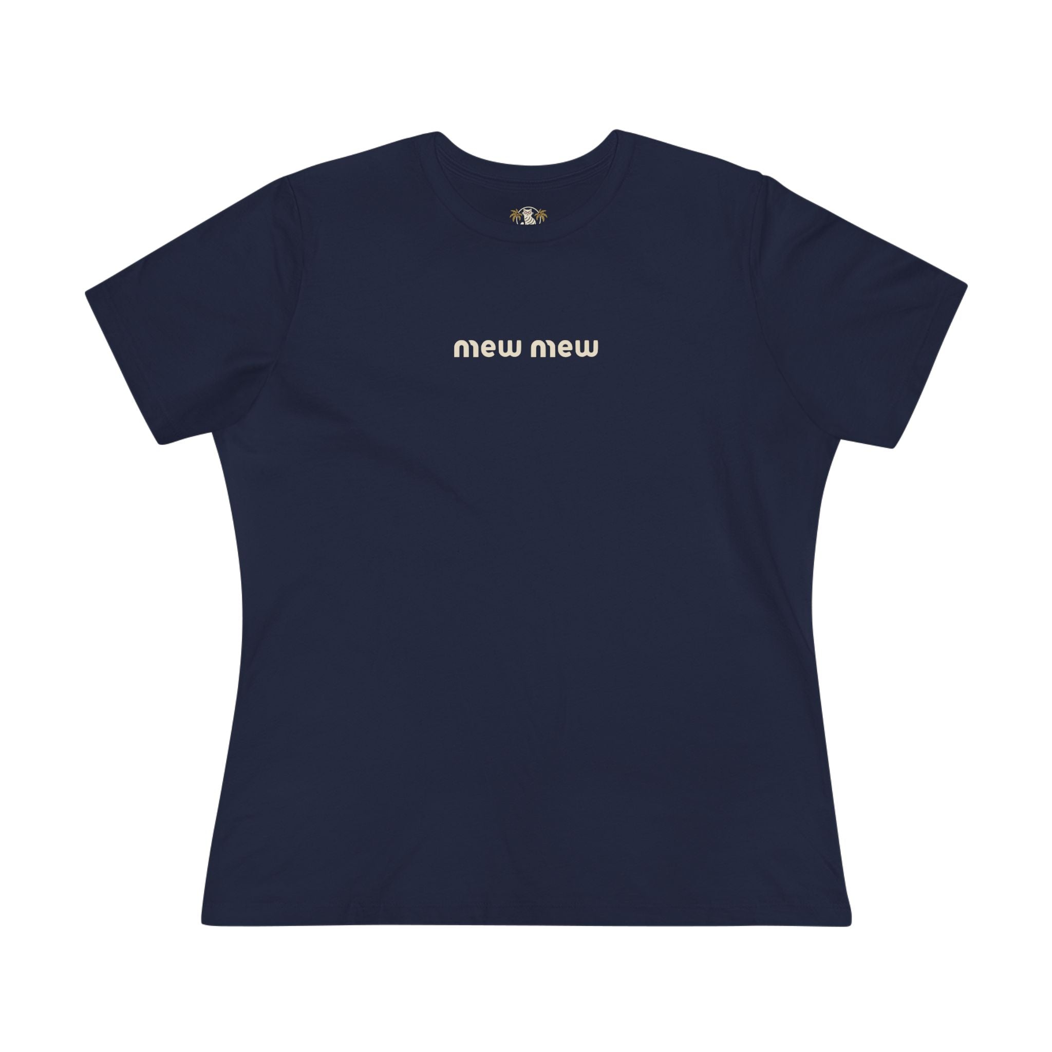 Mew Mew Chest Logo Back Cat Graphic Women's T-Shirt in navy, front view