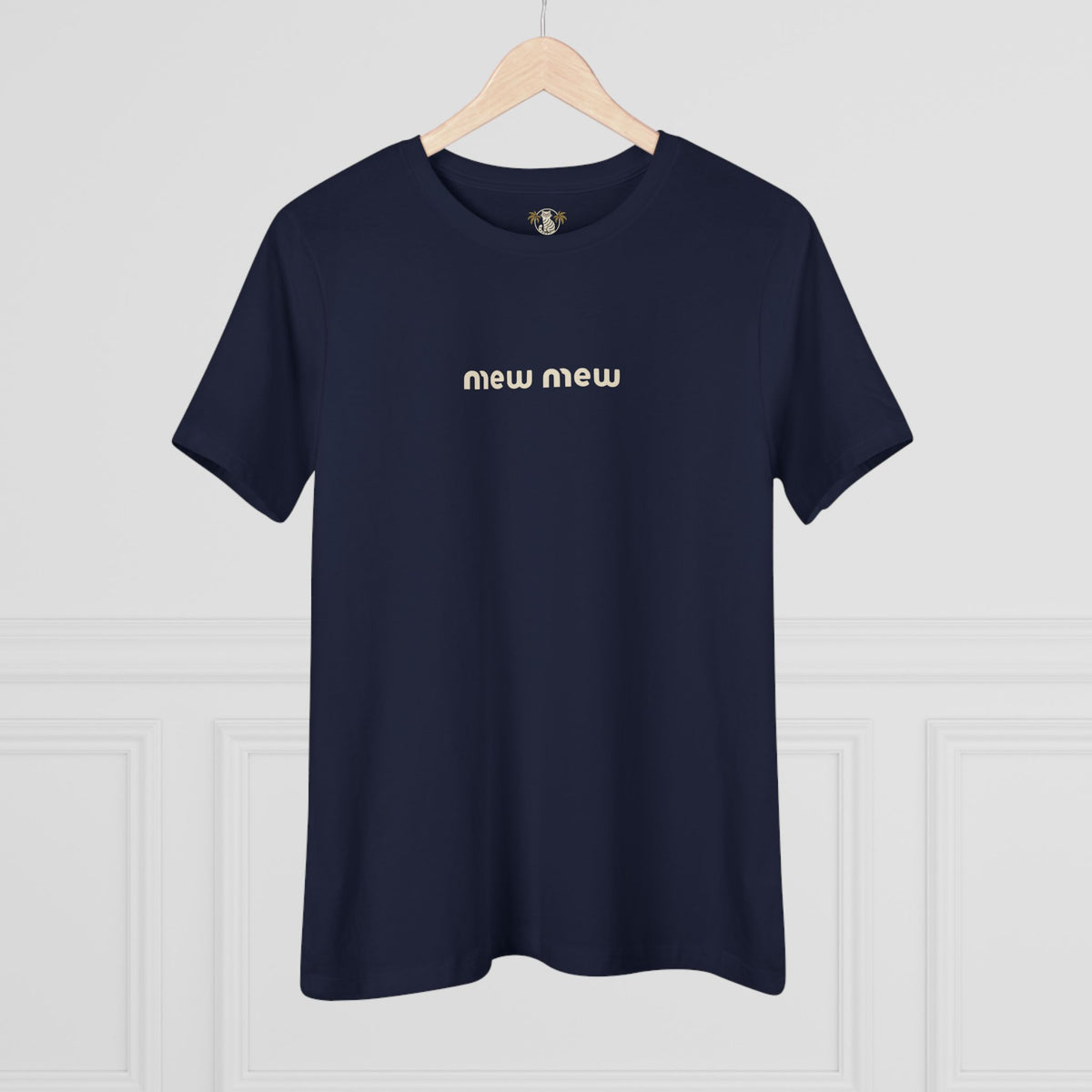 Mew Mew Chest Logo Back Cat Graphic Women's T-Shirt in navy, on a hanger