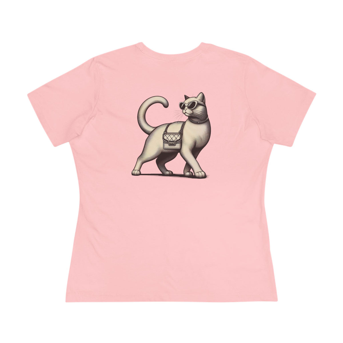 Mew Mew Chest Logo Back Cat Graphic Women's T-Shirt in pink, flat lay, back