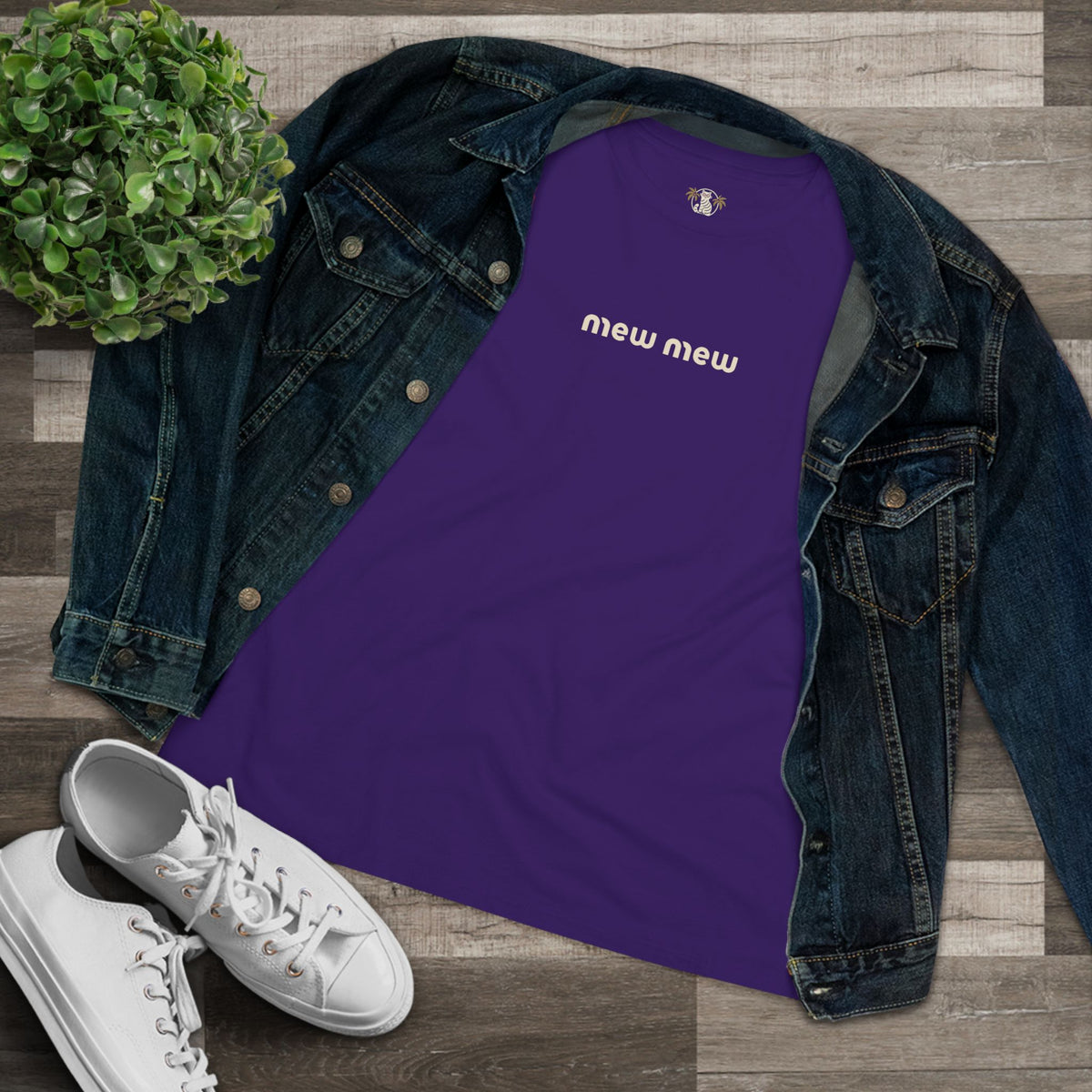 Mew Mew Chest Logo Back Cat Graphic Women's T-Shirt in team purple, flat lay