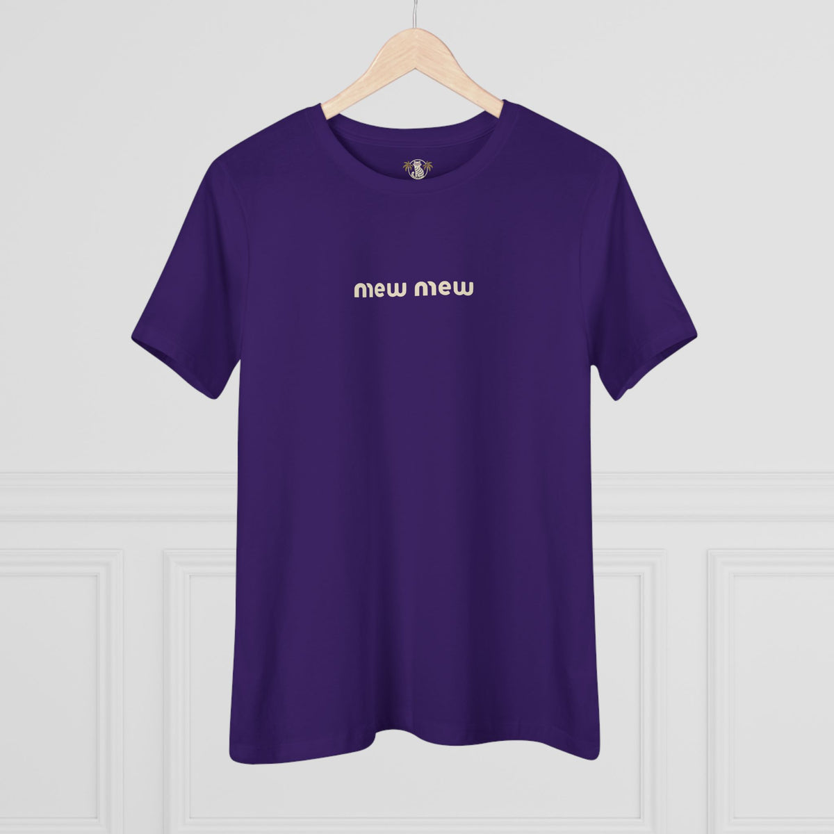 Mew Mew Chest Logo Back Cat Graphic Women's T-Shirt in team purple, on a hanger