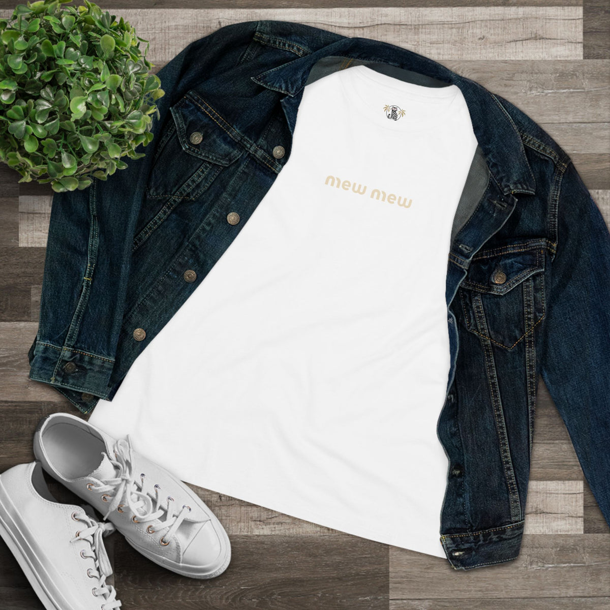 Mew Mew Chest Logo Back Cat Graphic Women's T-Shirt in white, flat lay