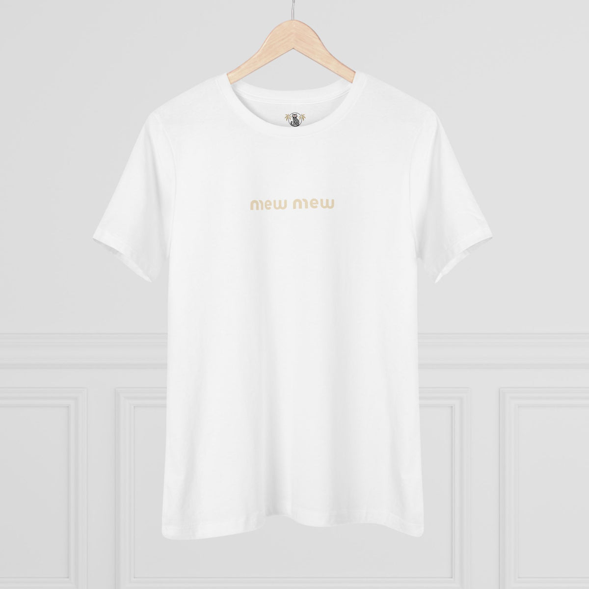 Mew Mew Chest Logo Back Cat Graphic Women's T-Shirt in white, on a hanger