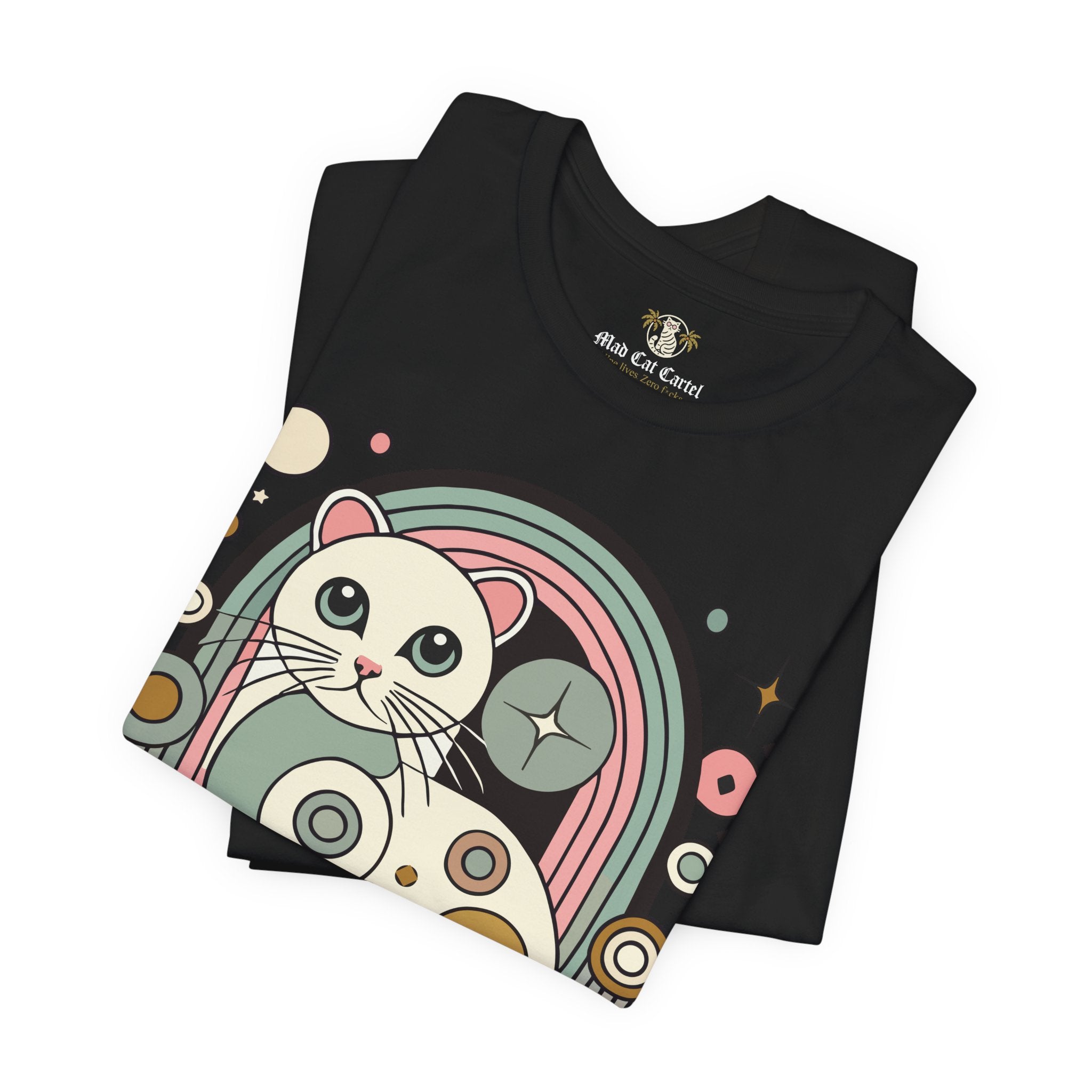 Mew Mew Cosmic Graphic Retro Cat Black T-Shirt, folded