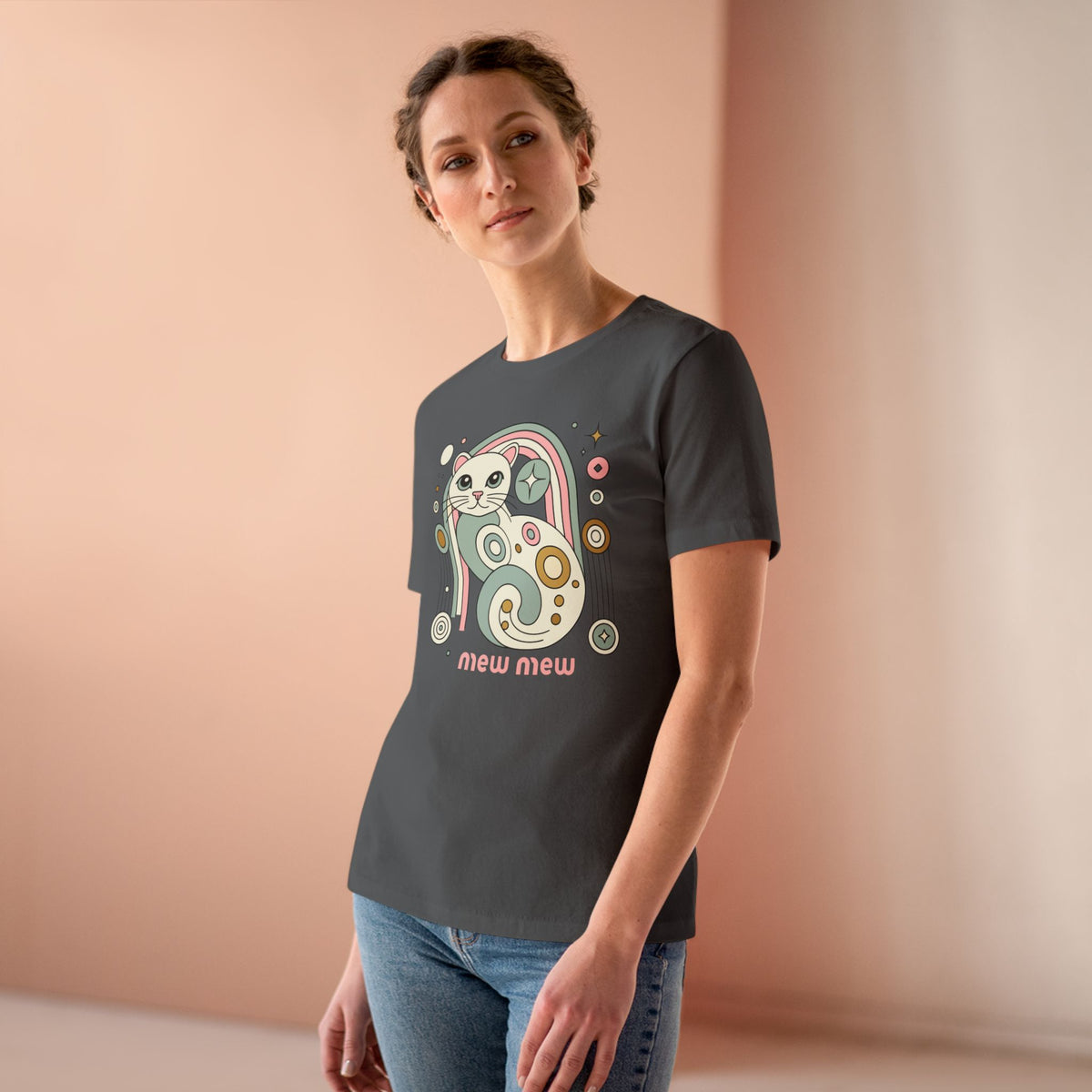Mew Mew Cosmic Graphic Retro Cat Themed Women's T-Shirt in asphalt, worn by a female model