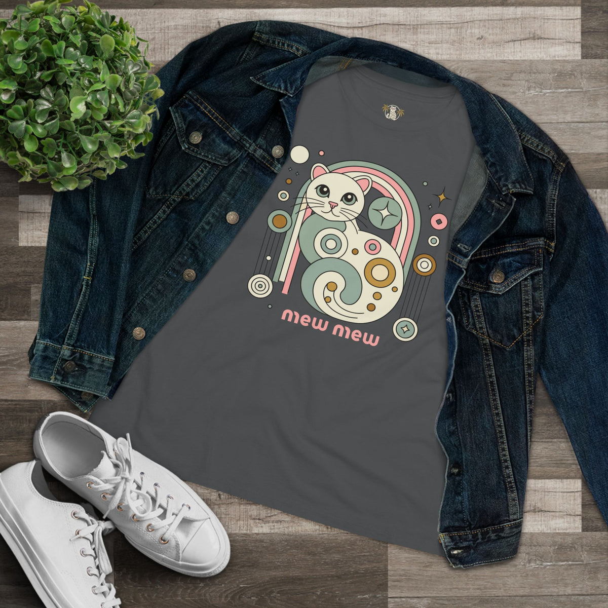Mew Mew Cosmic Graphic Retro Cat Themed Women's T-Shirt in asphalt, flat lay