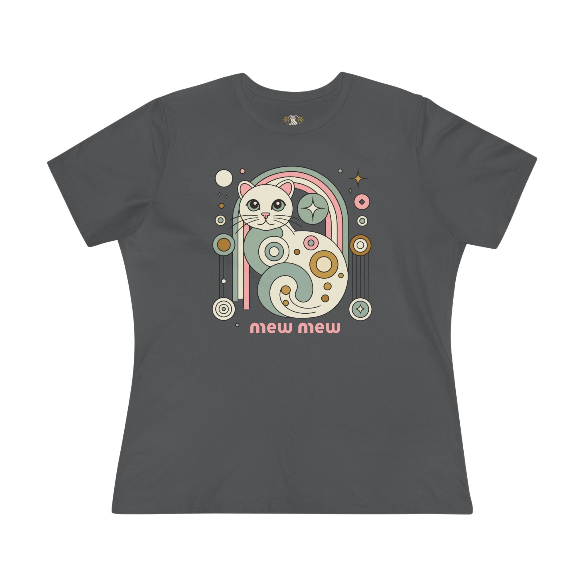 Mew Mew Cosmic Graphic Retro Cat Themed Women's T-Shirt in asphalt, front view