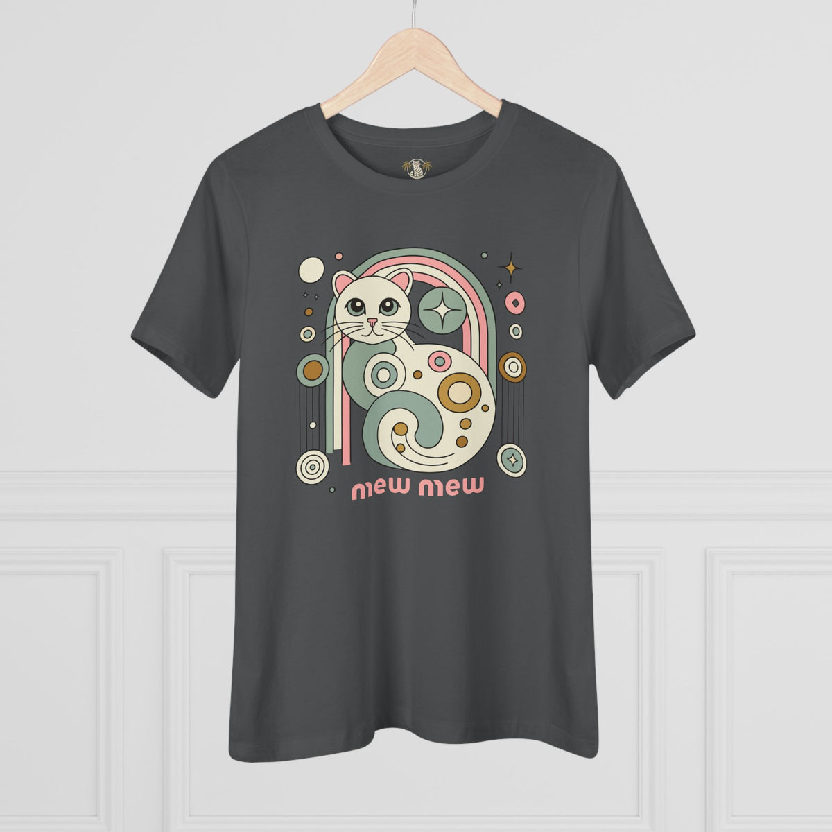 Mew Mew Cosmic Graphic Retro Cat Themed Women's T-Shirt in asphalt, on a hanger
