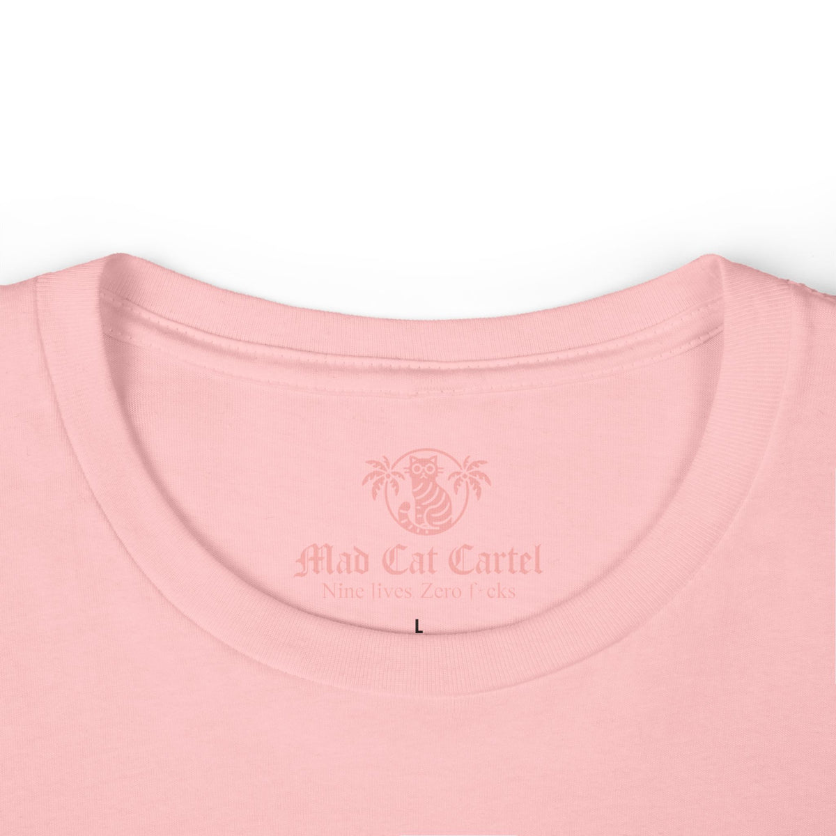 Mew Mew Cosmic Graphic Retro Cat Themed Women's T-Shirt in pink, close-up detail