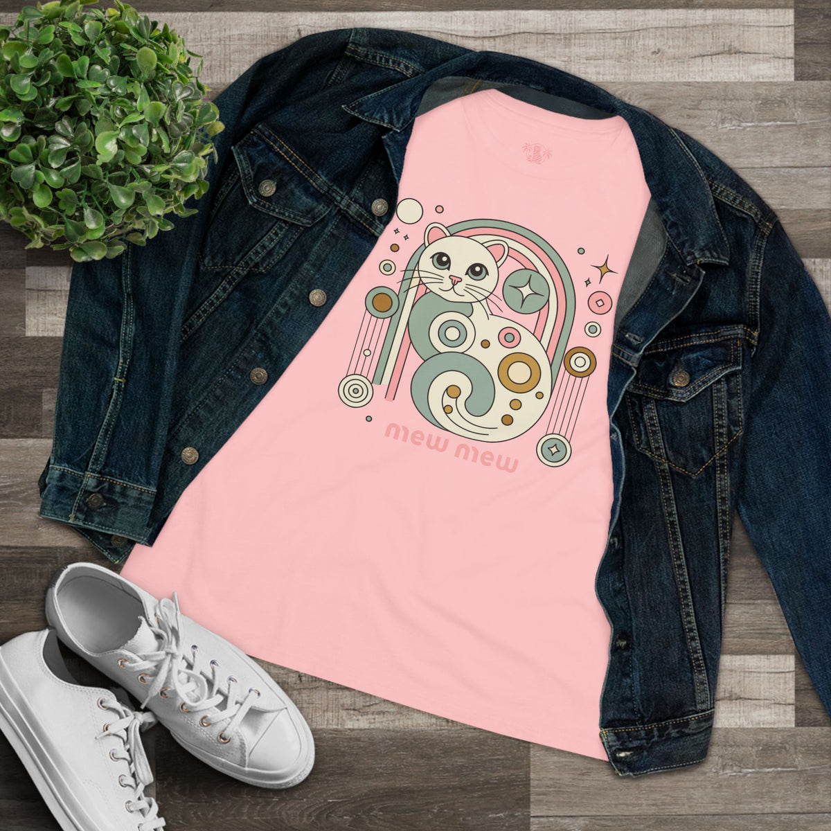 Mew Mew Cosmic Graphic Retro Cat Themed Women's T-Shirt in pink, flat lay
