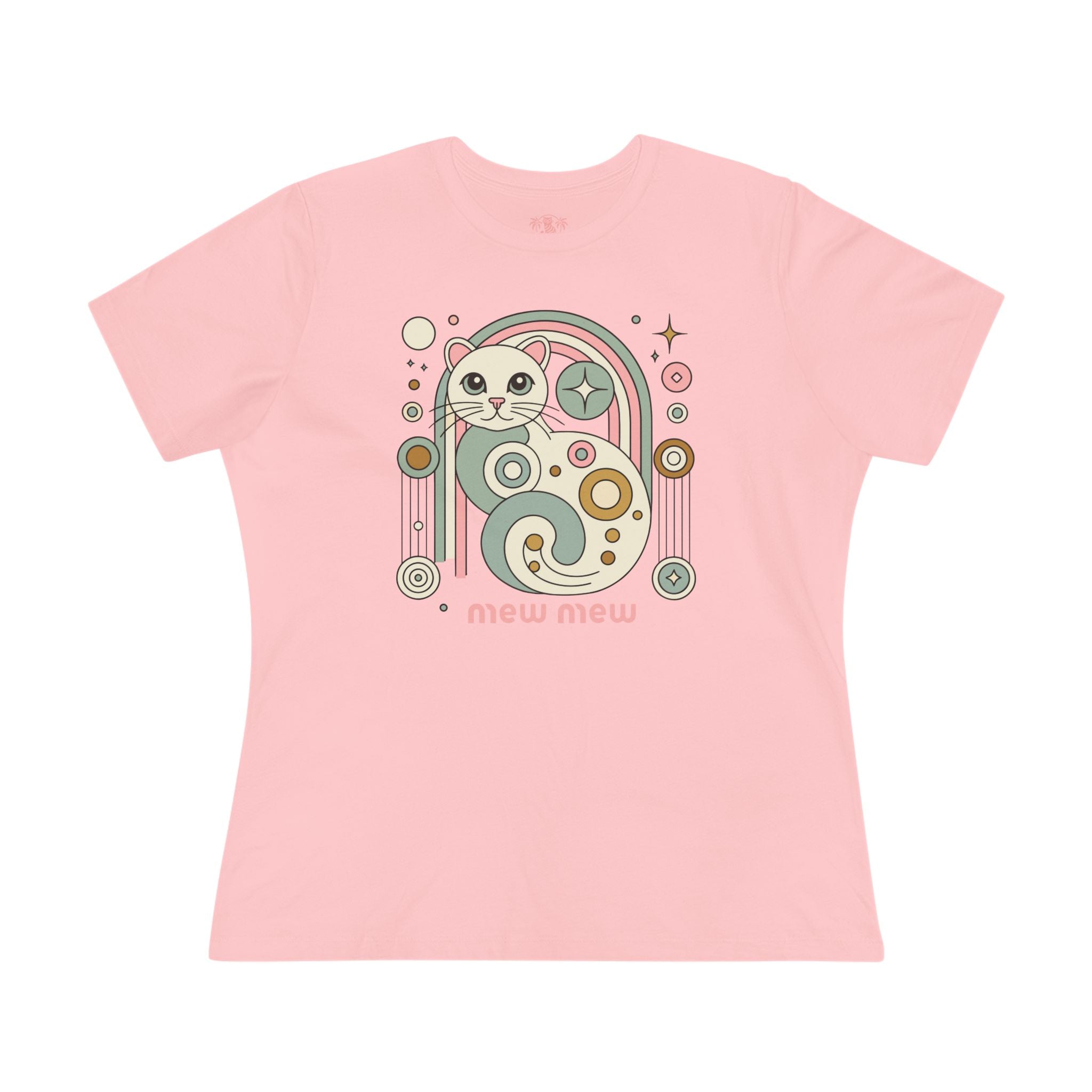 Mew Mew Cosmic Graphic Retro Cat Themed Women's T-Shirt in pink, front view