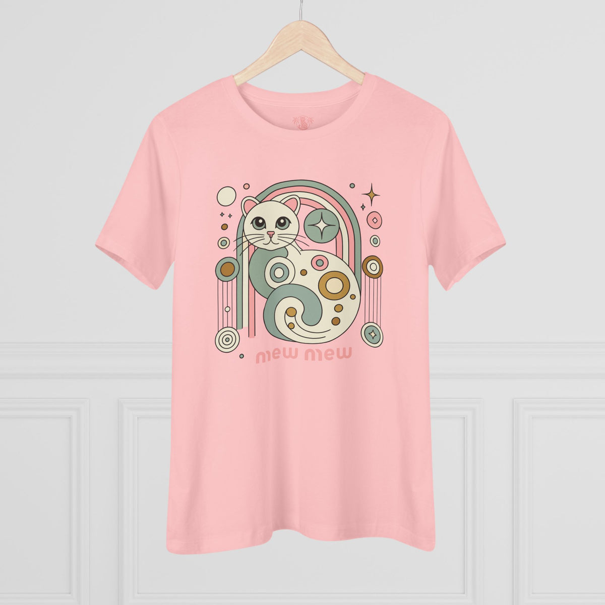 Mew Mew Cosmic Graphic Retro Cat Themed Women's T-Shirt in pink, on a hanger