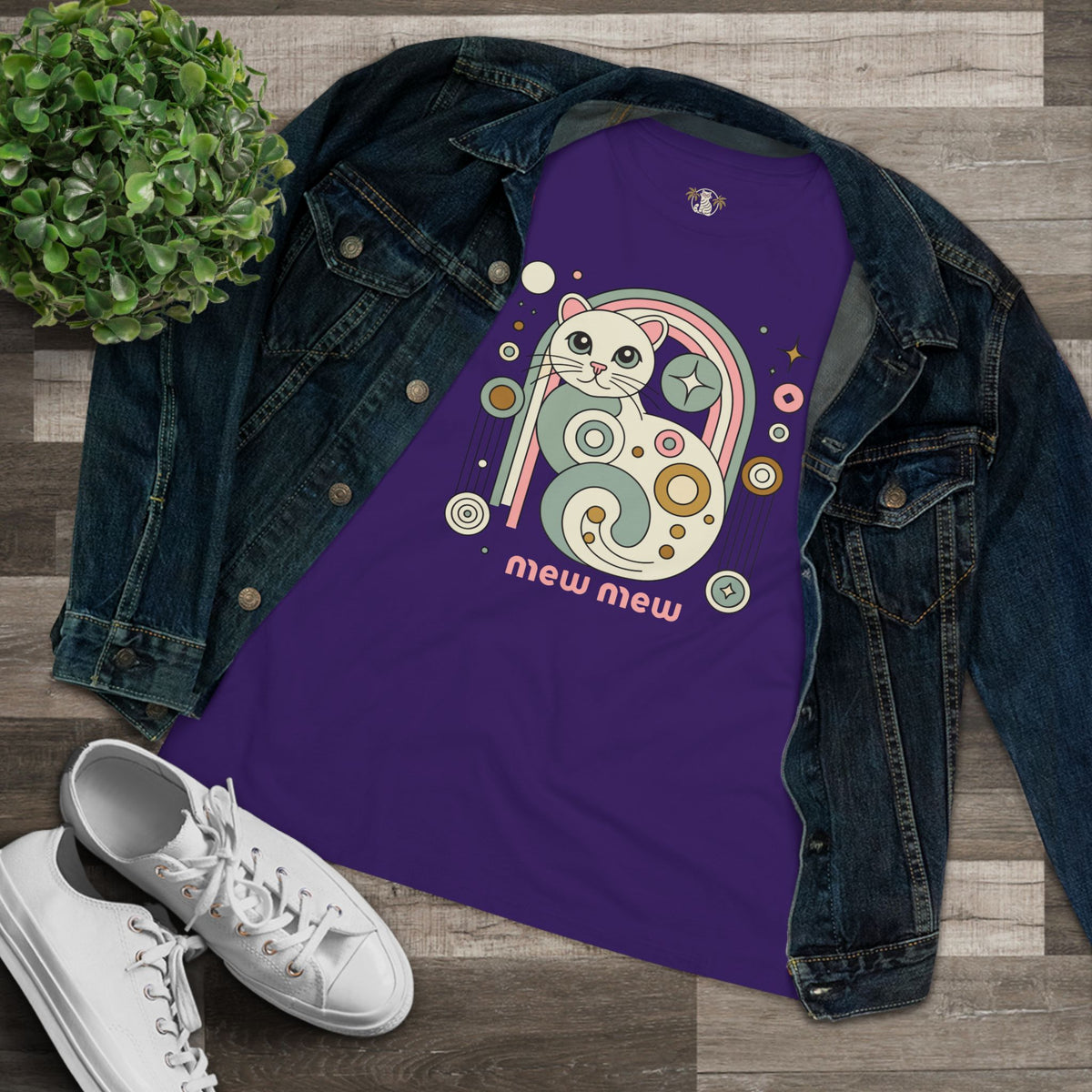 Mew Mew Cosmic Graphic Retro Cat Themed Women's T-Shirt in team purple, flat lay