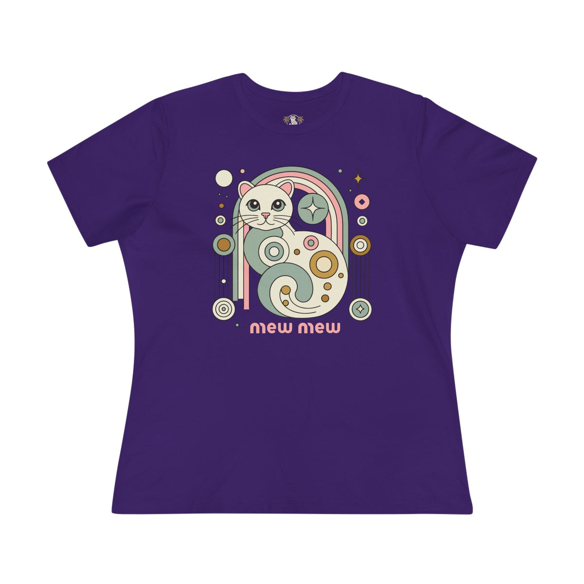 Mew Mew Cosmic Graphic Retro Cat Themed Women's T-Shirt in team purple, front view