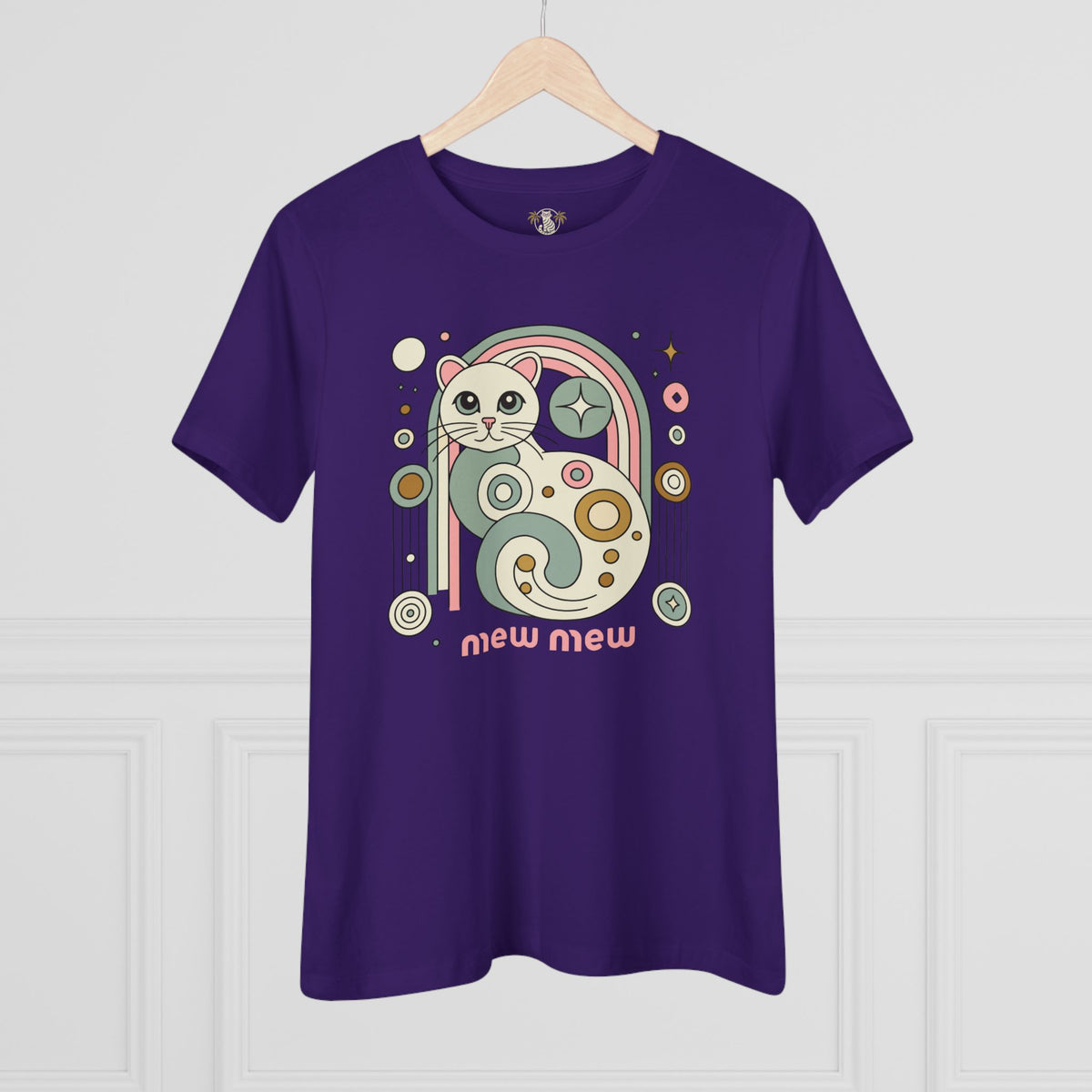 Mew Mew Cosmic Graphic Retro Cat Themed Women's T-Shirt in team purple, on a hanger