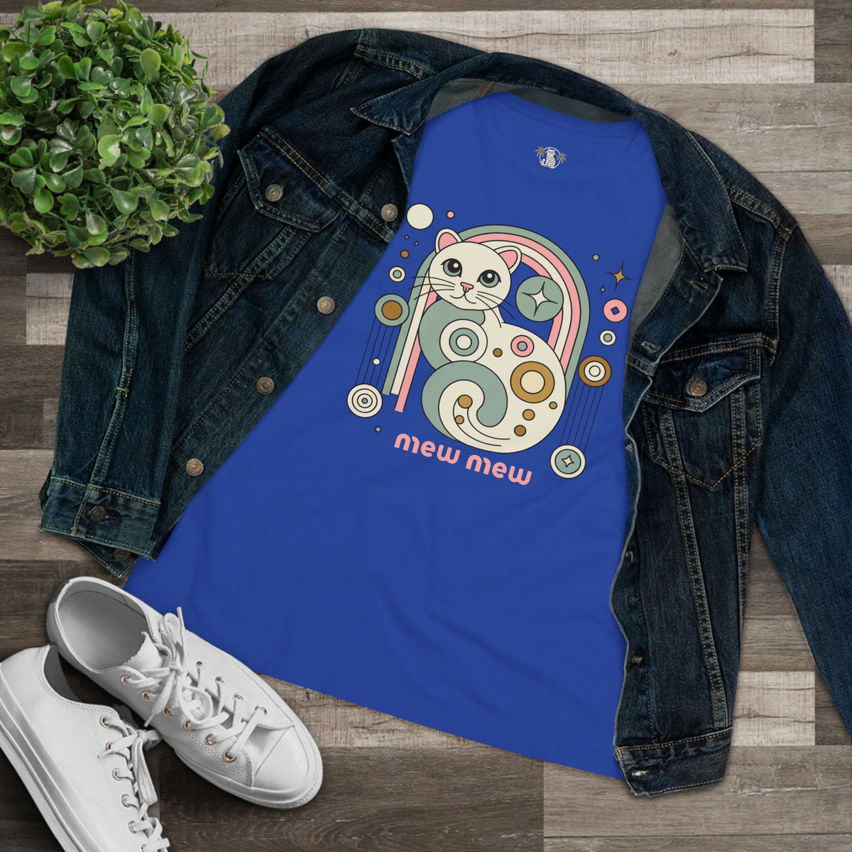 Mew Mew Cosmic Graphic Retro Cat Themed Women's T-Shirt in true royal, flat lay