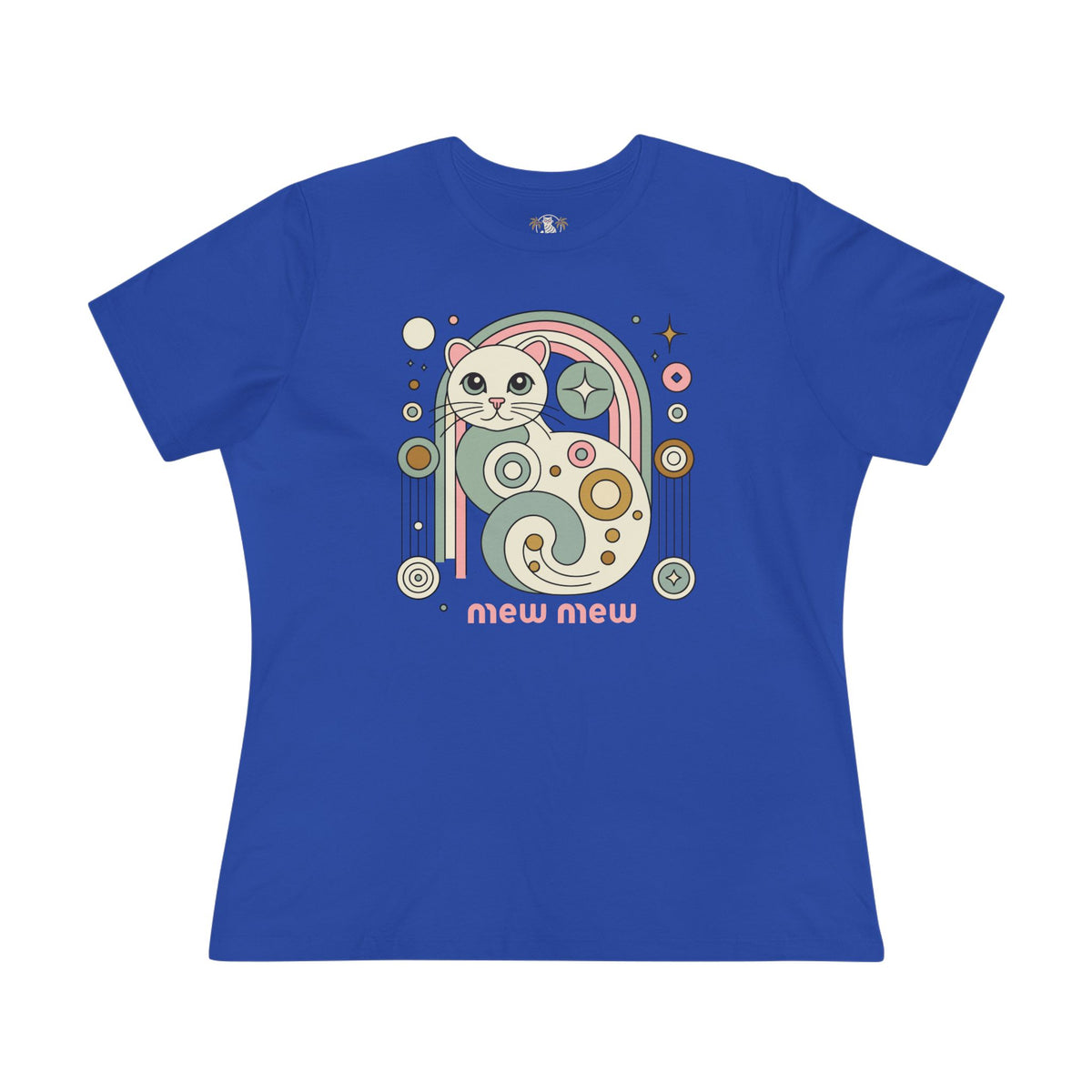 Mew Mew Cosmic Graphic Retro Cat Themed Women's T-Shirt in true royal, front view
