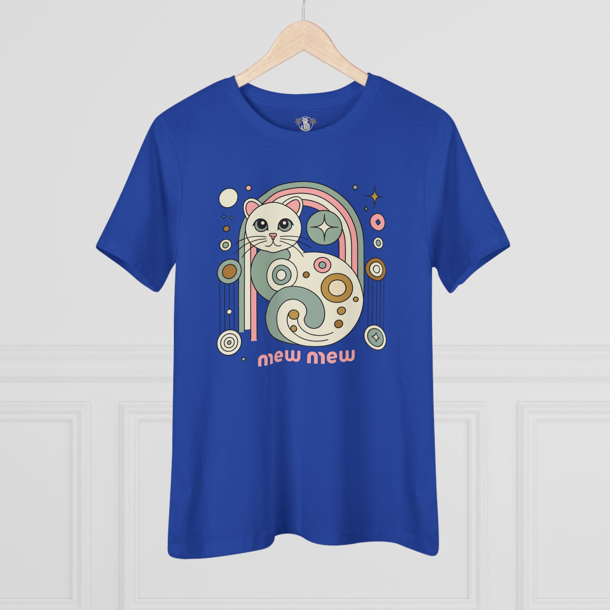 Mew Mew Cosmic Graphic Retro Cat Themed Women's T-Shirt in true royal, on a hanger