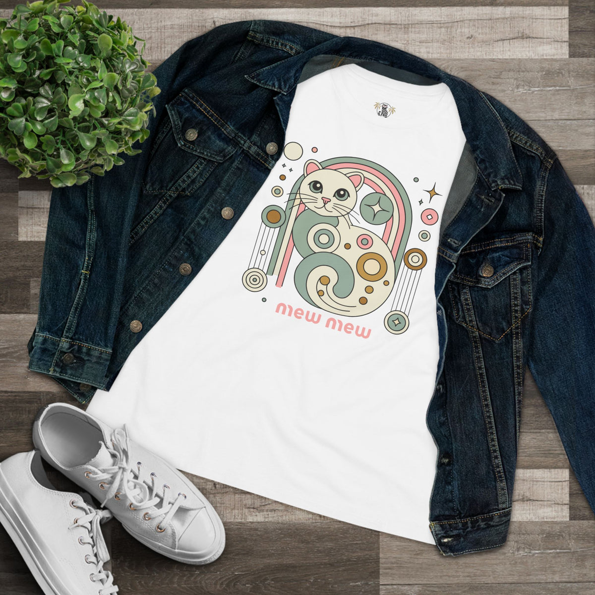 Mew Mew Cosmic Graphic Retro Cat Themed Women's T-Shirt in white, flat lay