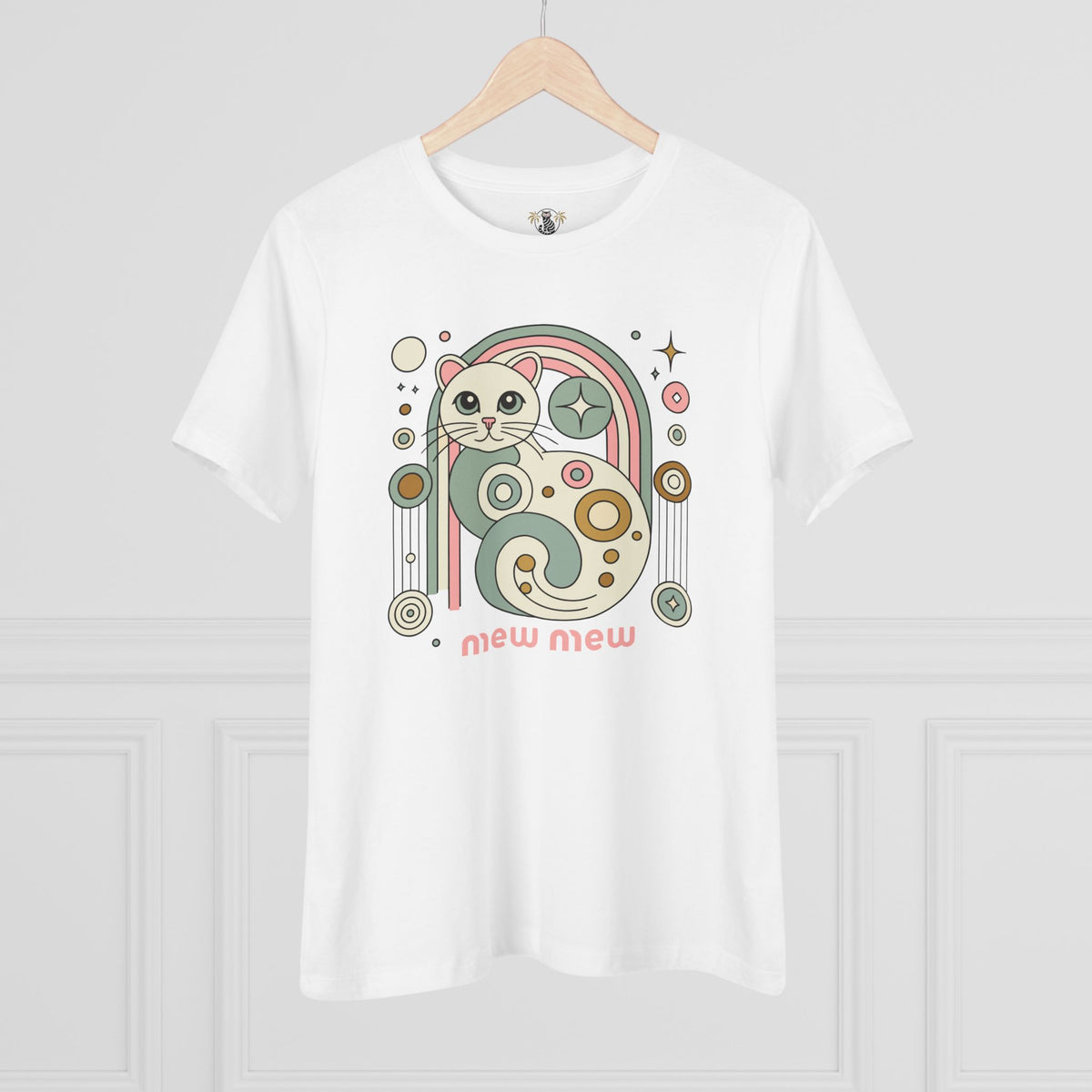 Mew Mew Cosmic Graphic Retro Cat Themed Women's T-Shirt in white, on a hanger