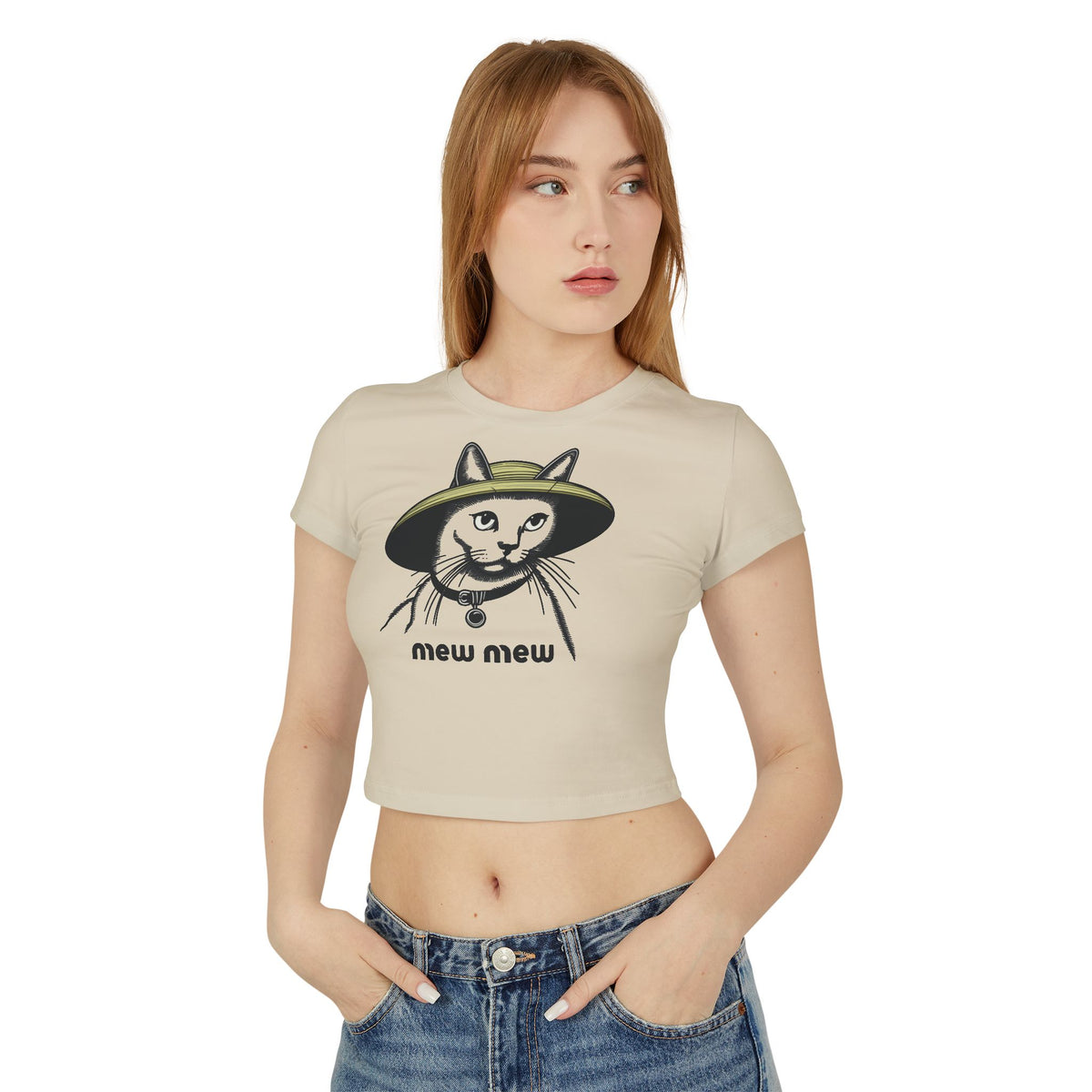 Mew Mew Iconic Hat Cat Graphic Women's Baby Tee in sand, worn by a female model