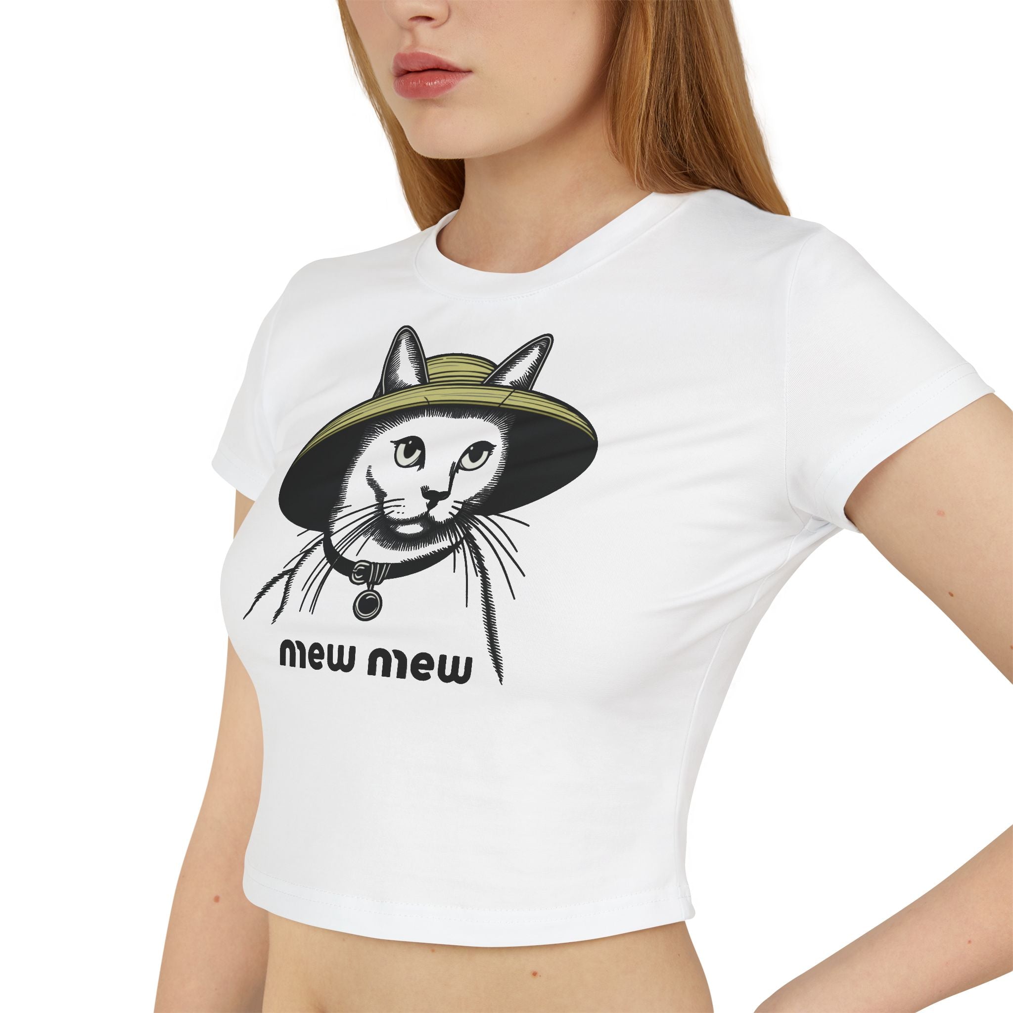 Mew Mew Iconic Hat Cat Graphic Women's Baby Tee in white, worn by a female model