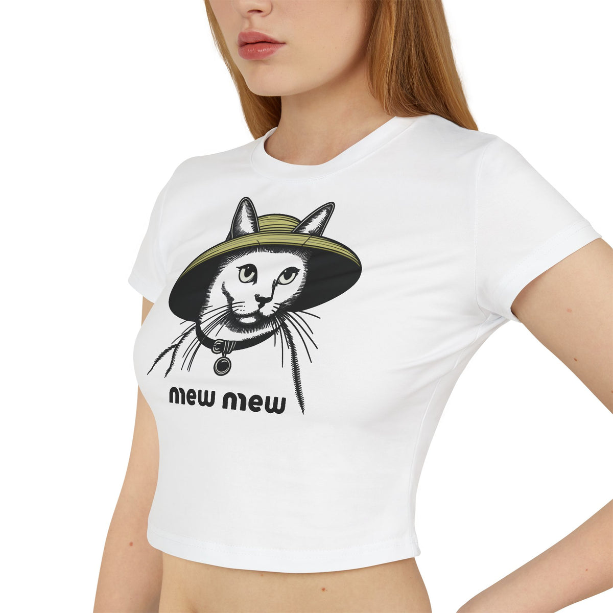 Mew Mew Iconic Hat Cat Graphic Women's Baby Tee in white, worn by a female model