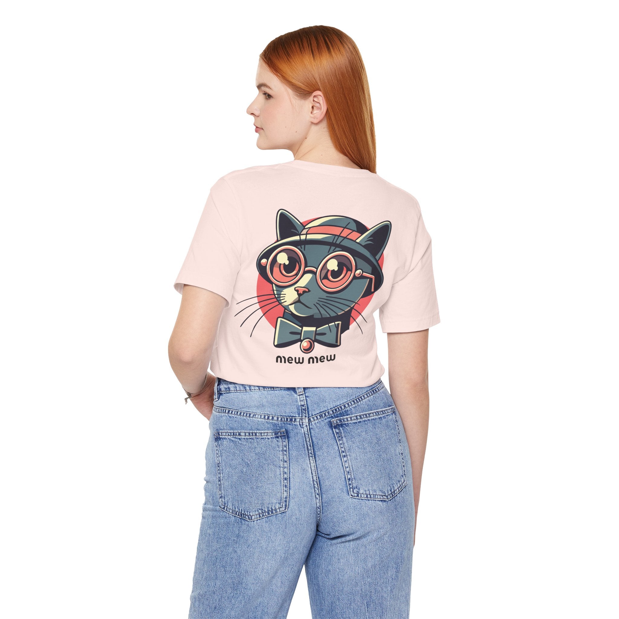 Mew Mew Retro Gentlecat Graphic T-Shirt in soft pink, worn by a female model