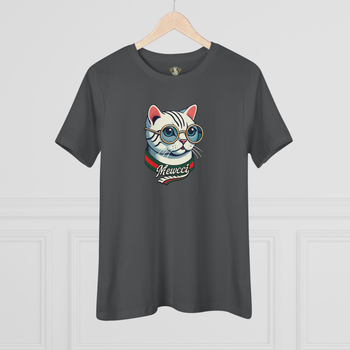 Mewcci Cat Icon Graphic Women's T-Shirt in asphalt, on a hanger