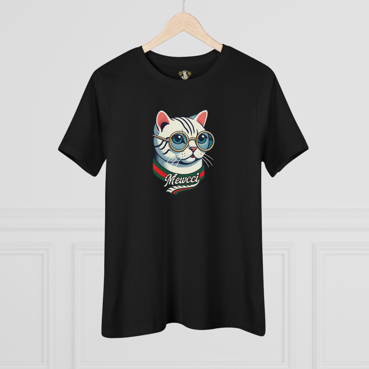 Mewcci Cat Icon Graphic Women's T-Shirt in black, on a hanger