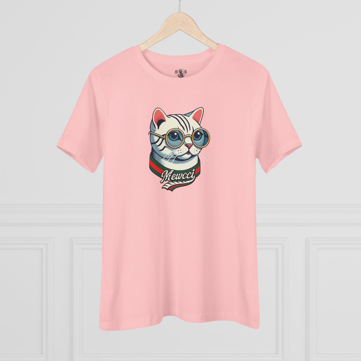 Mewcci Cat Icon Graphic Women's T-Shirt in pink, on a hanger