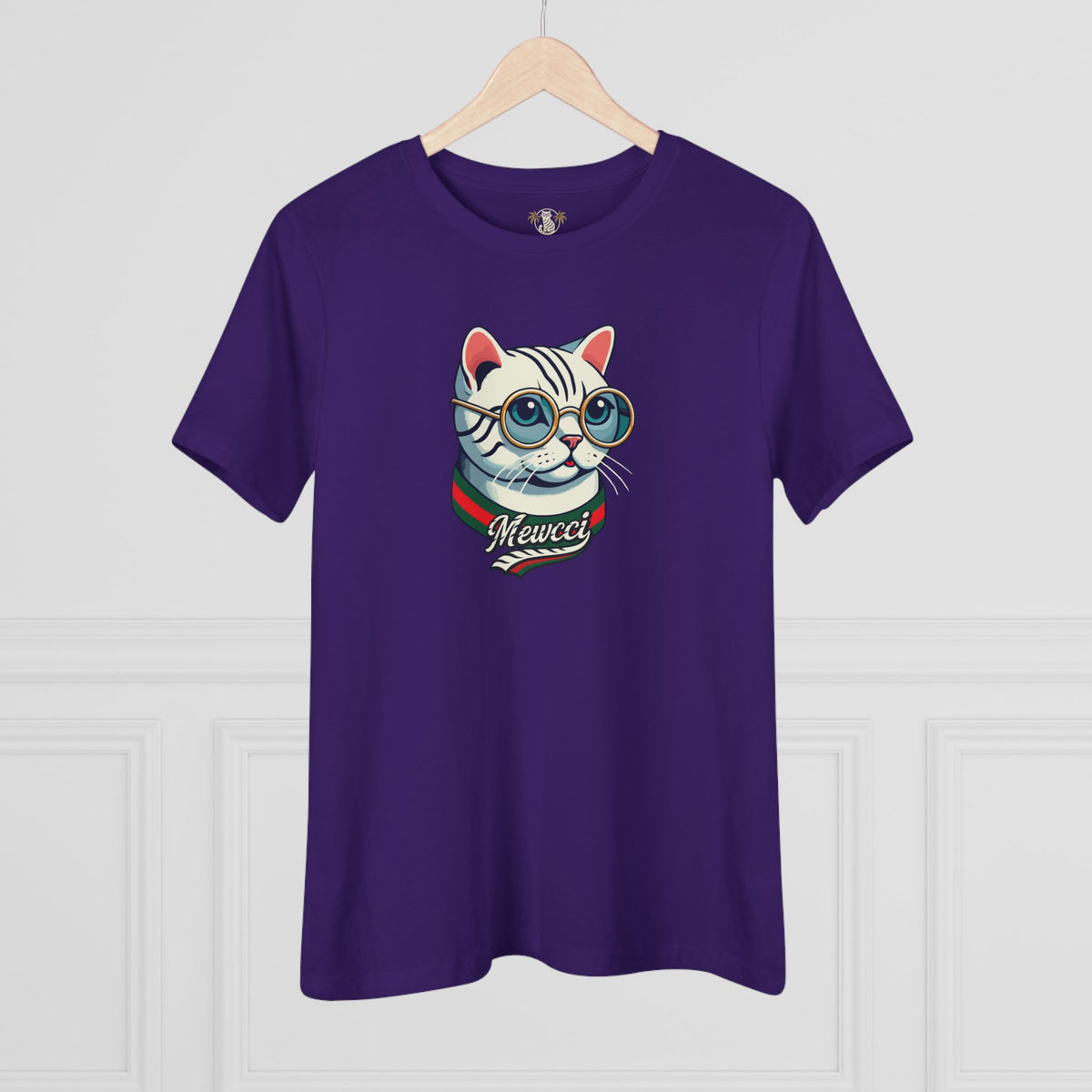 Mewcci Cat Icon Graphic Women's T-Shirt in team purple, on a hanger