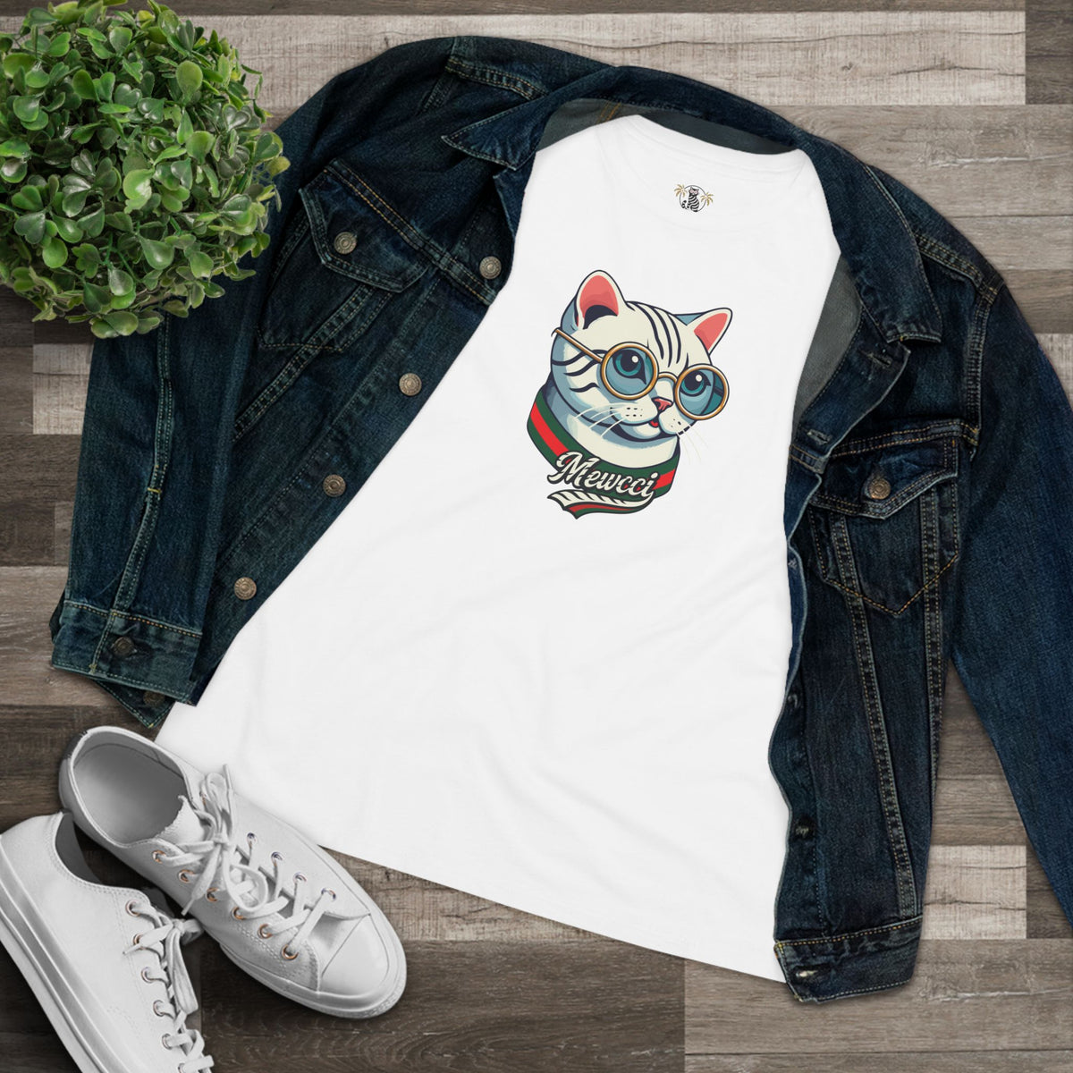 Mewcci Cat Icon Graphic Women's T-Shirt in white, flat lay